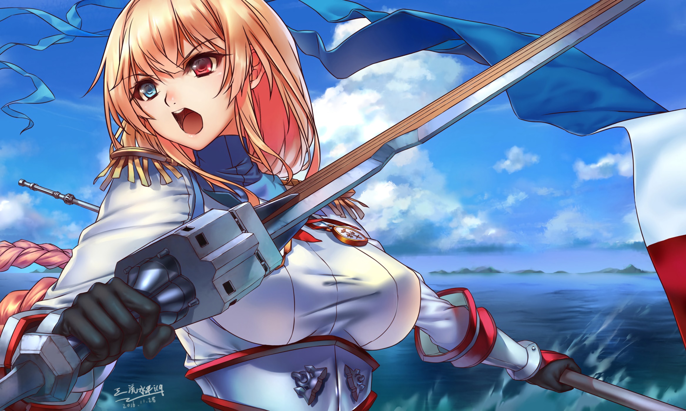 978190 скачать картинку девушки с военного корабля, аниме, блондинка, французский флаг, гетерохромия, жанна д'арк, мечи - обои и заставки бесплатно