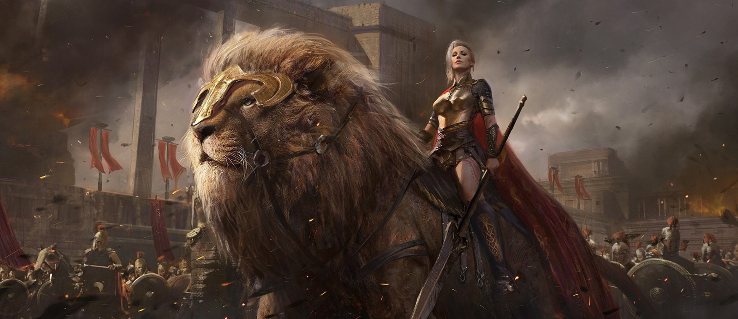 women warrior, woman warrior, lion, fantasy, spear, warrior