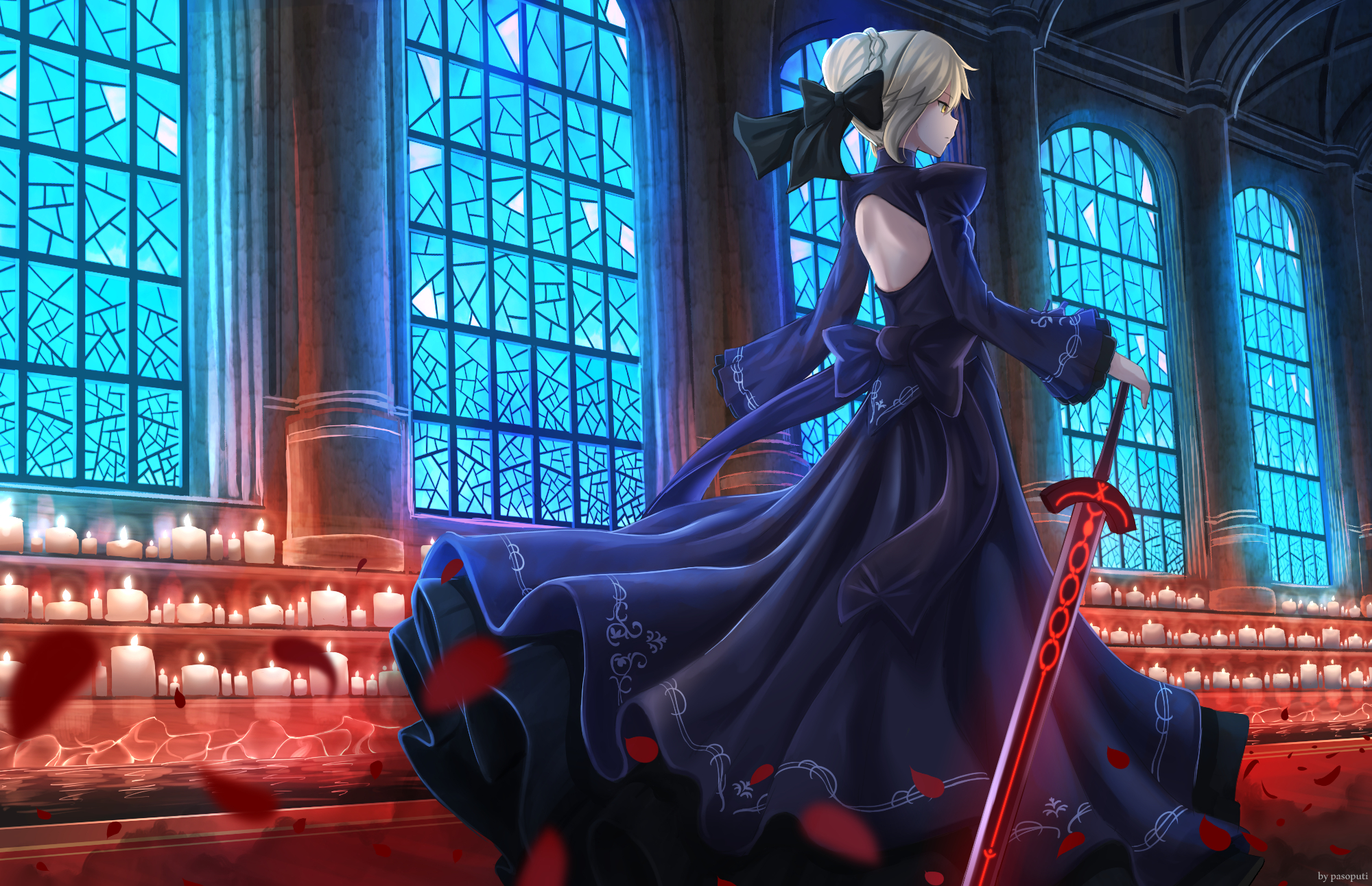 anime, fate/stay night movie: heaven's feel, black dress, blonde, candle, dress, fate (series), saber (fate series), saber alter, short hair, sword, weapon, yellow eyes, fate series