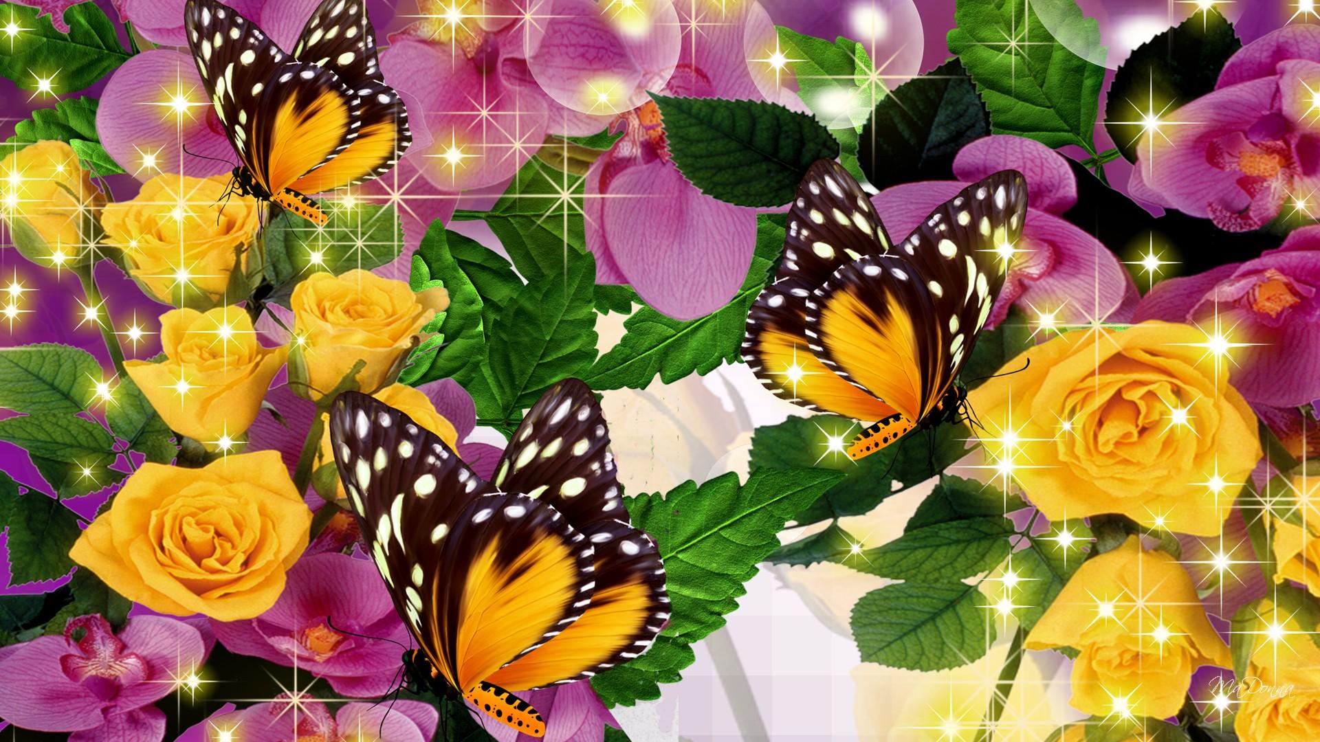 Laden Sie das Schmetterlinge, Blumen, Gold, Blume, Rose, Orchidee, Gelbe Blume, Künstlerisch, Lila Blume, Funkelt-Bild kostenlos auf Ihren PC-Desktop herunter