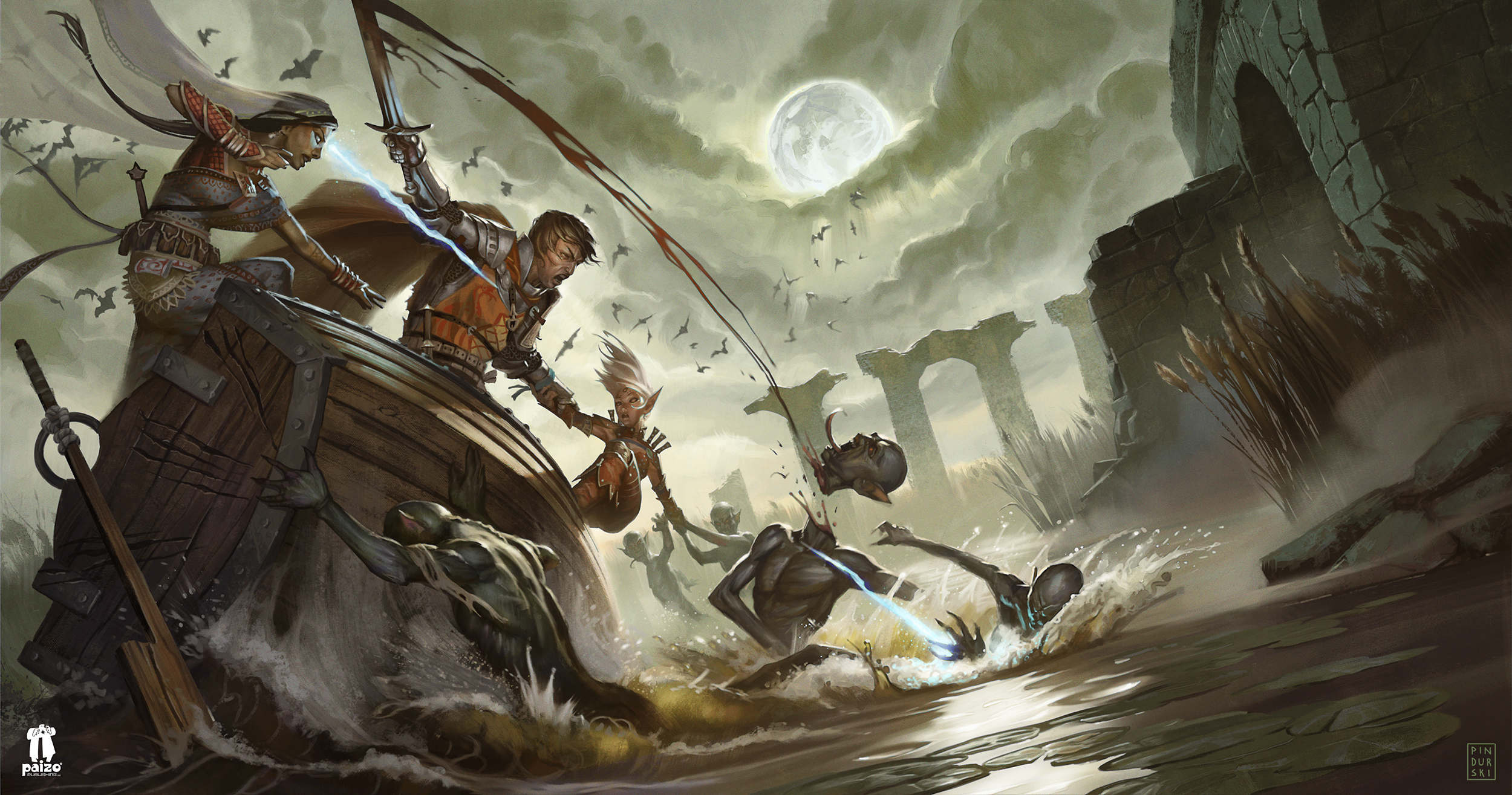 Download mobile wallpaper Fantasy, Night, Moon, Boat, Warrior, Elf, Sword for free.
