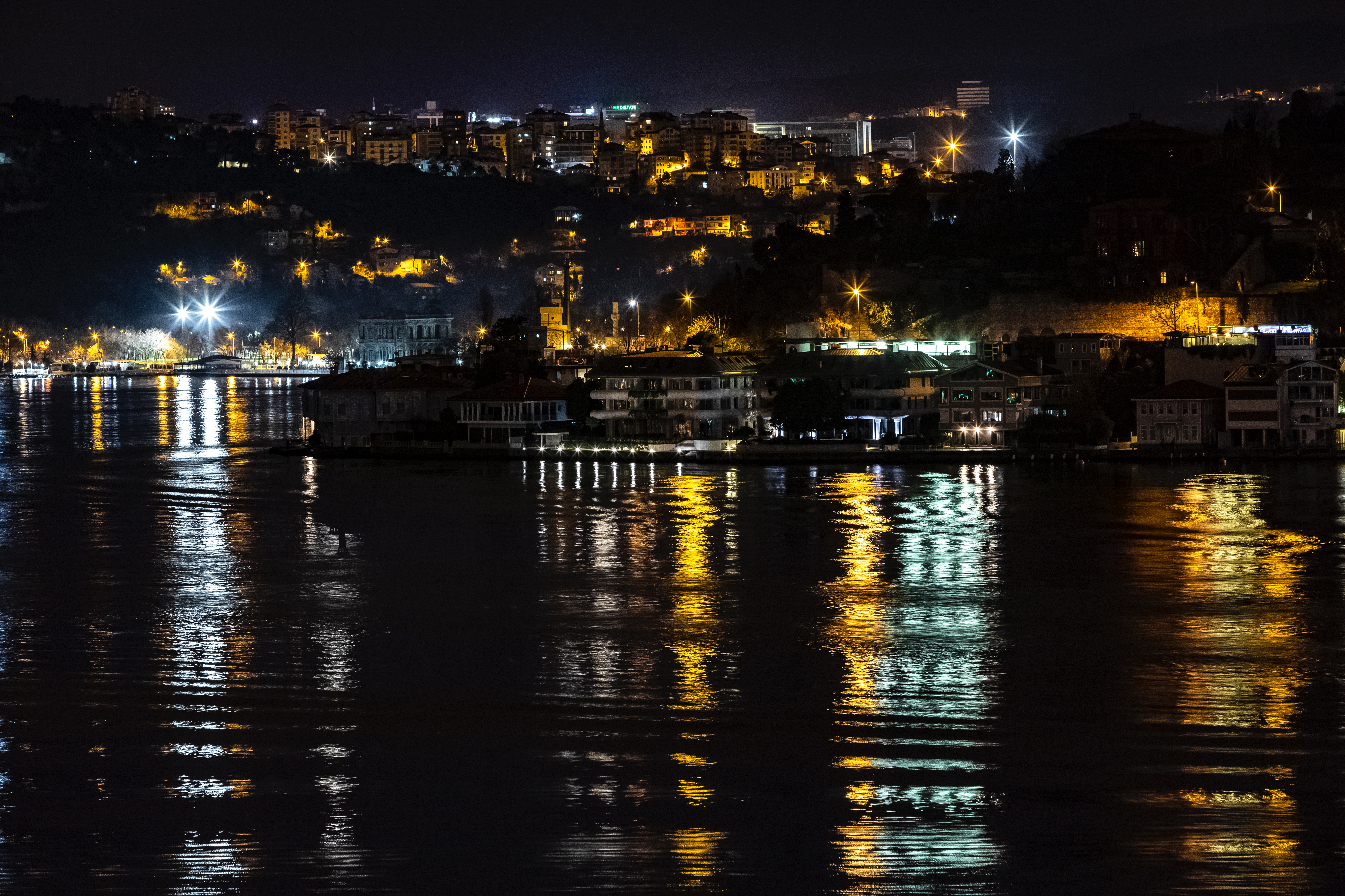bank, shine, istanbul, reflection, shore, dark, light, night city, city lights, turkey