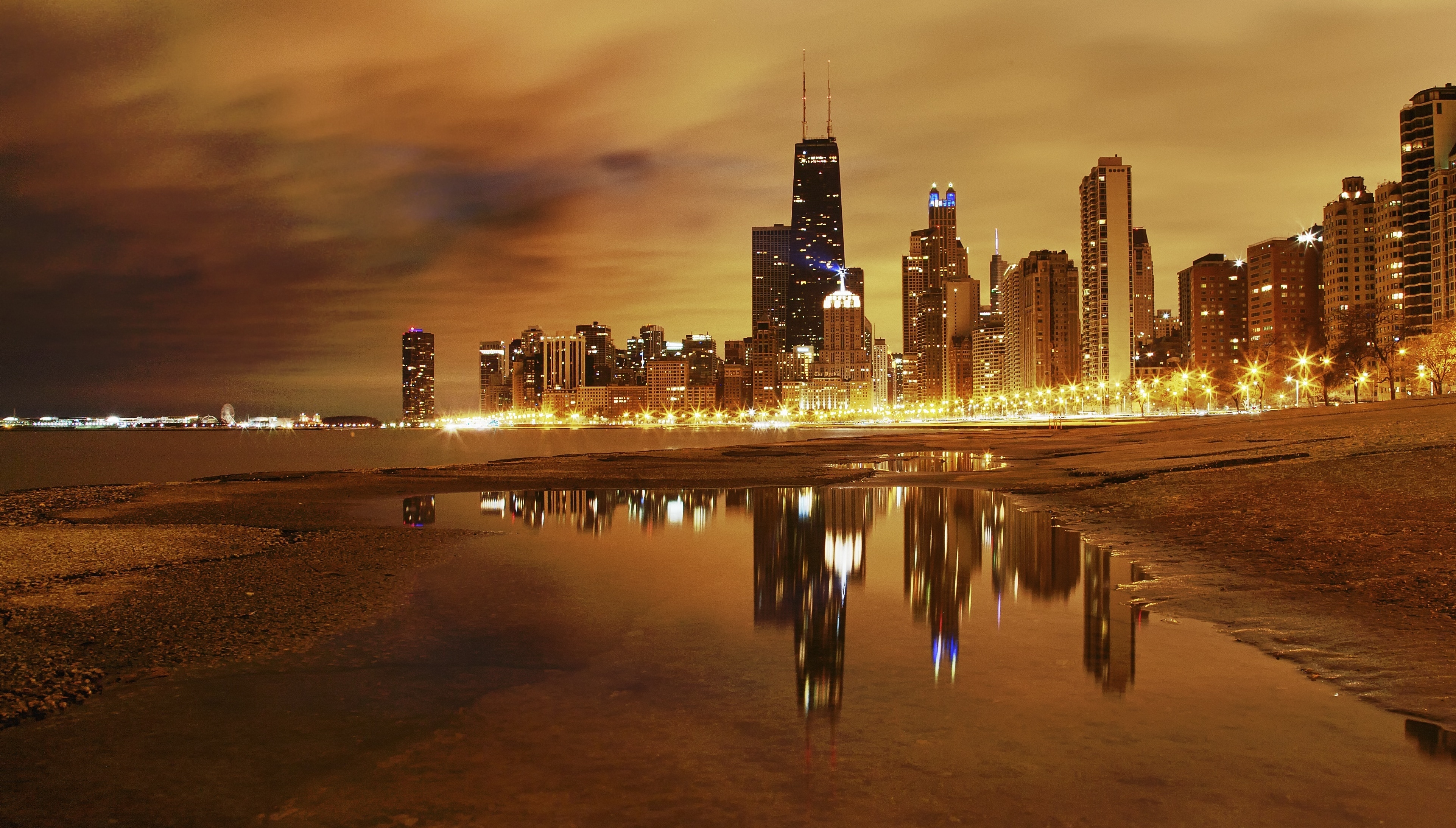 chicago, cities, night, city, lights, lake