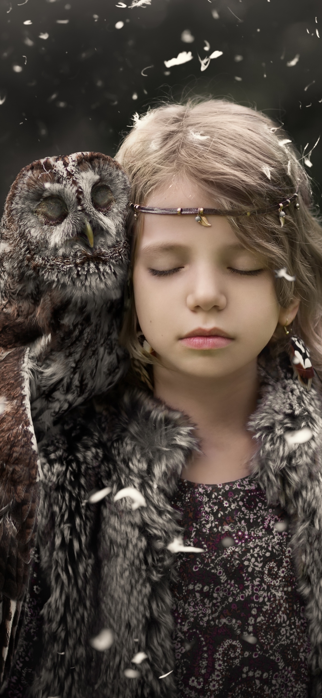 Download mobile wallpaper Owl, Bird, Mood, Child, Blonde, Photography, Little Girl for free.