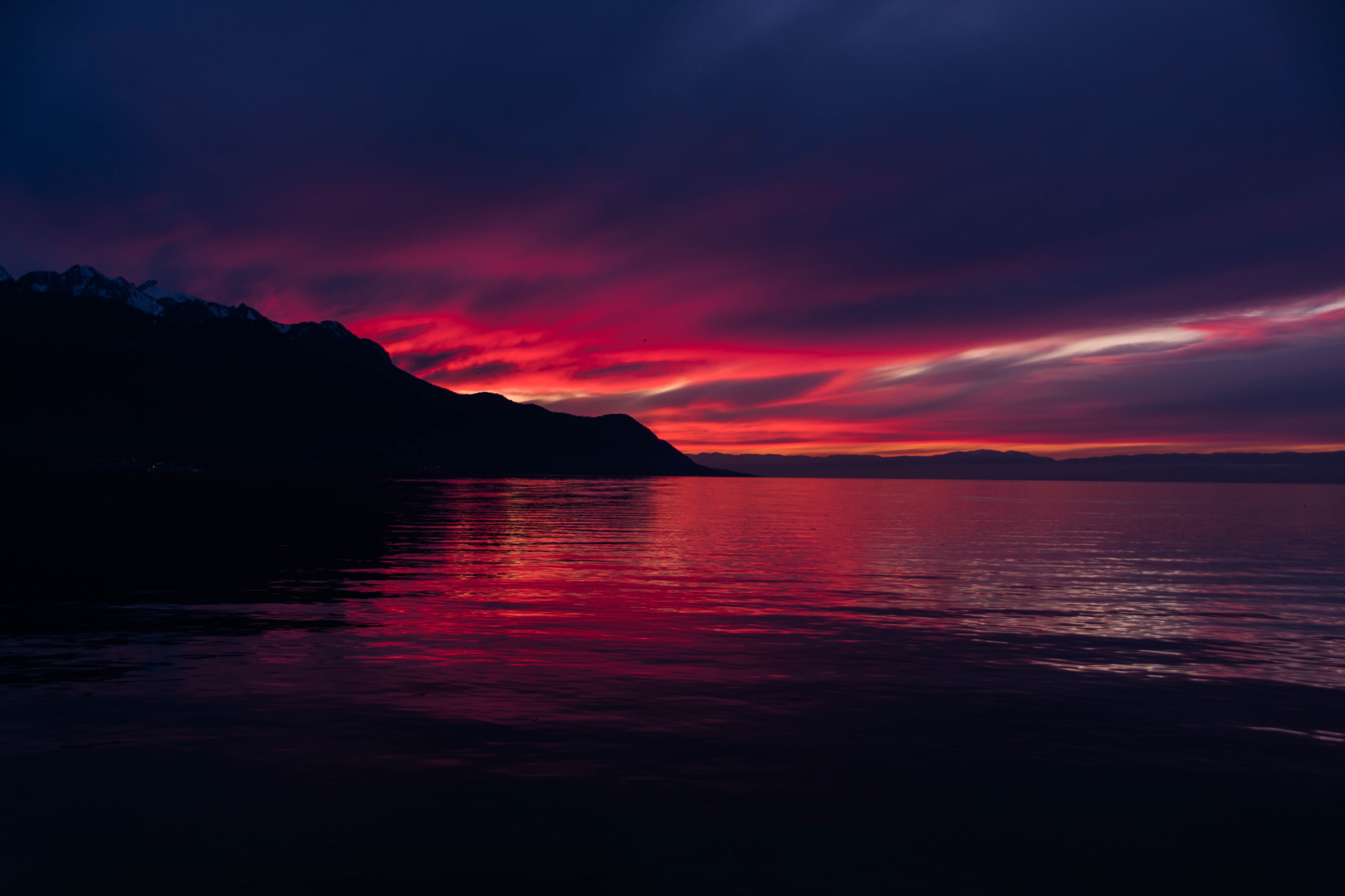switzerland, sunset, nature, sky, mountains, horizon, lake HD wallpaper