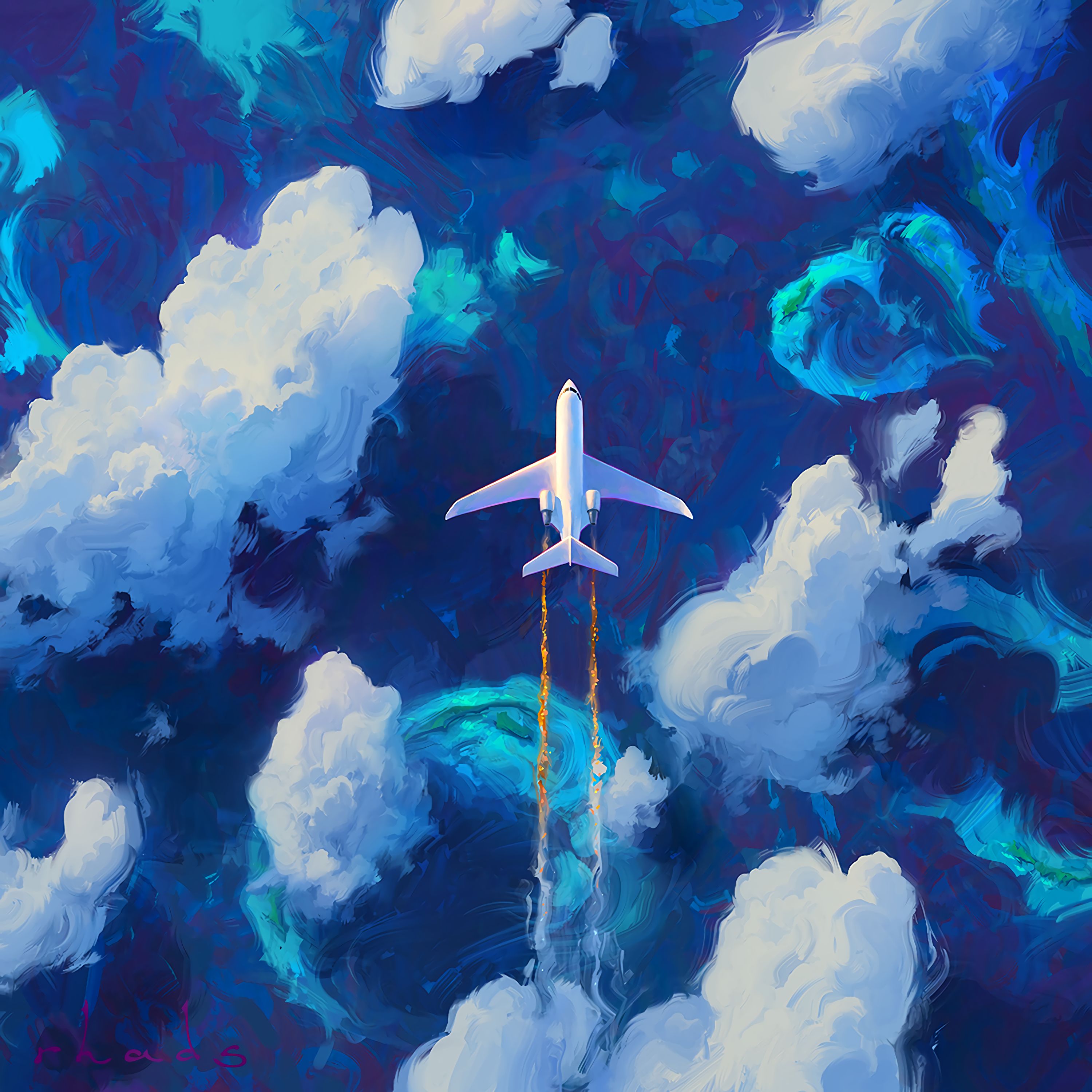 art, airplane, plane, flight, clouds, sky