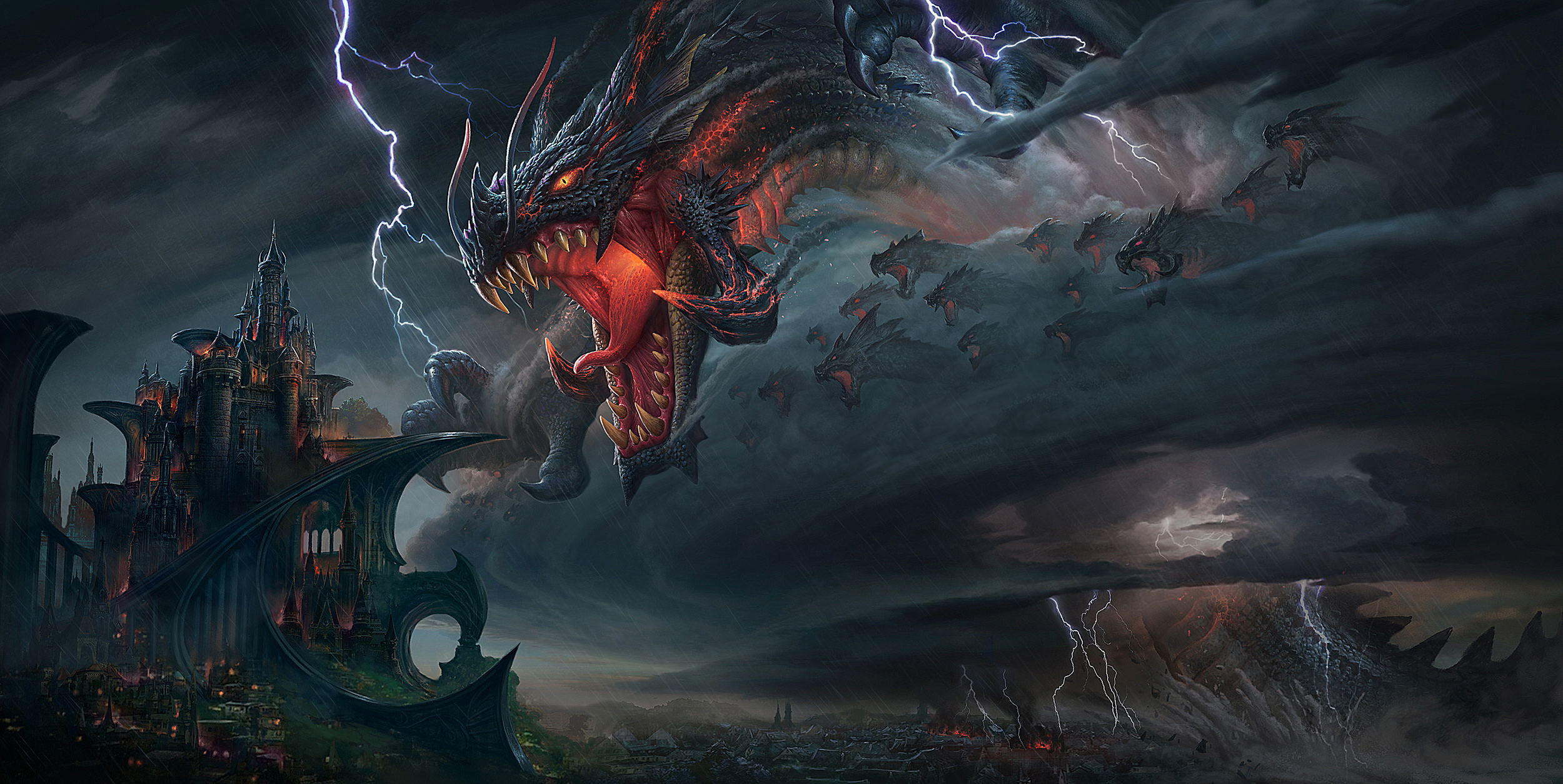 Free download wallpaper Fantasy, Lightning, Dragon, Town, Castle on your PC desktop