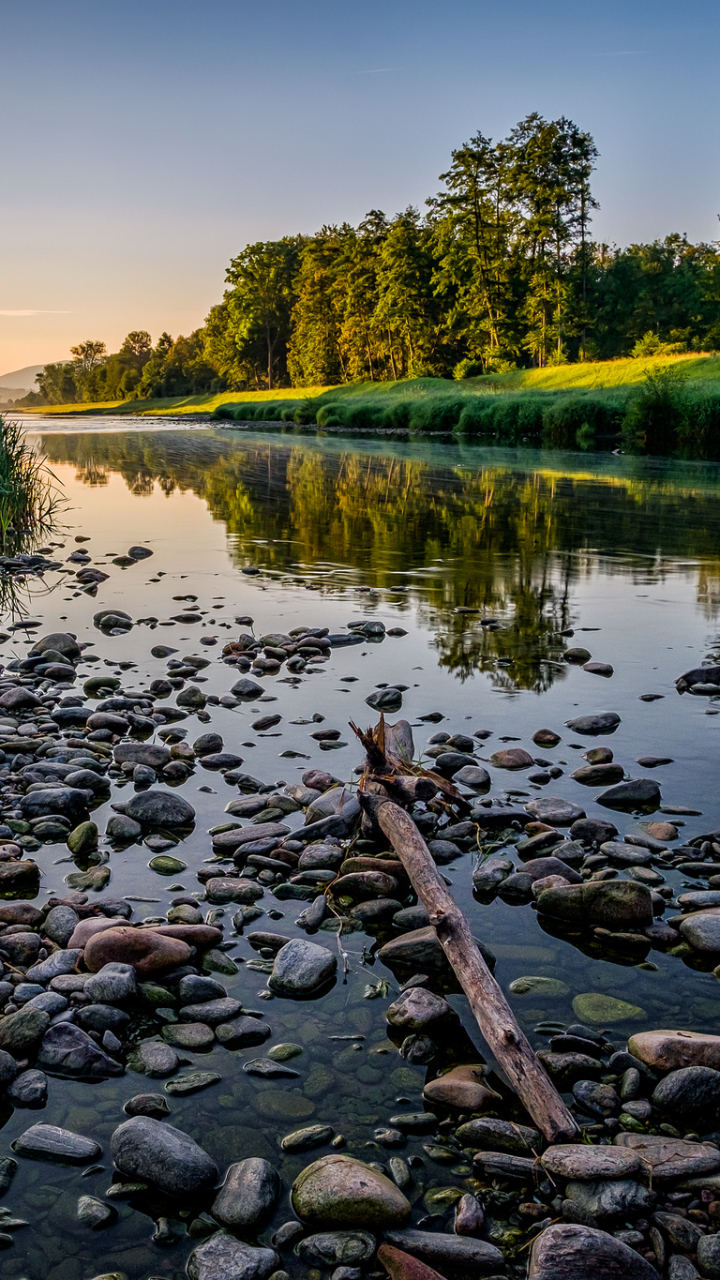 Download mobile wallpaper Nature, Grass, Reflection, Earth, Stone, River for free.