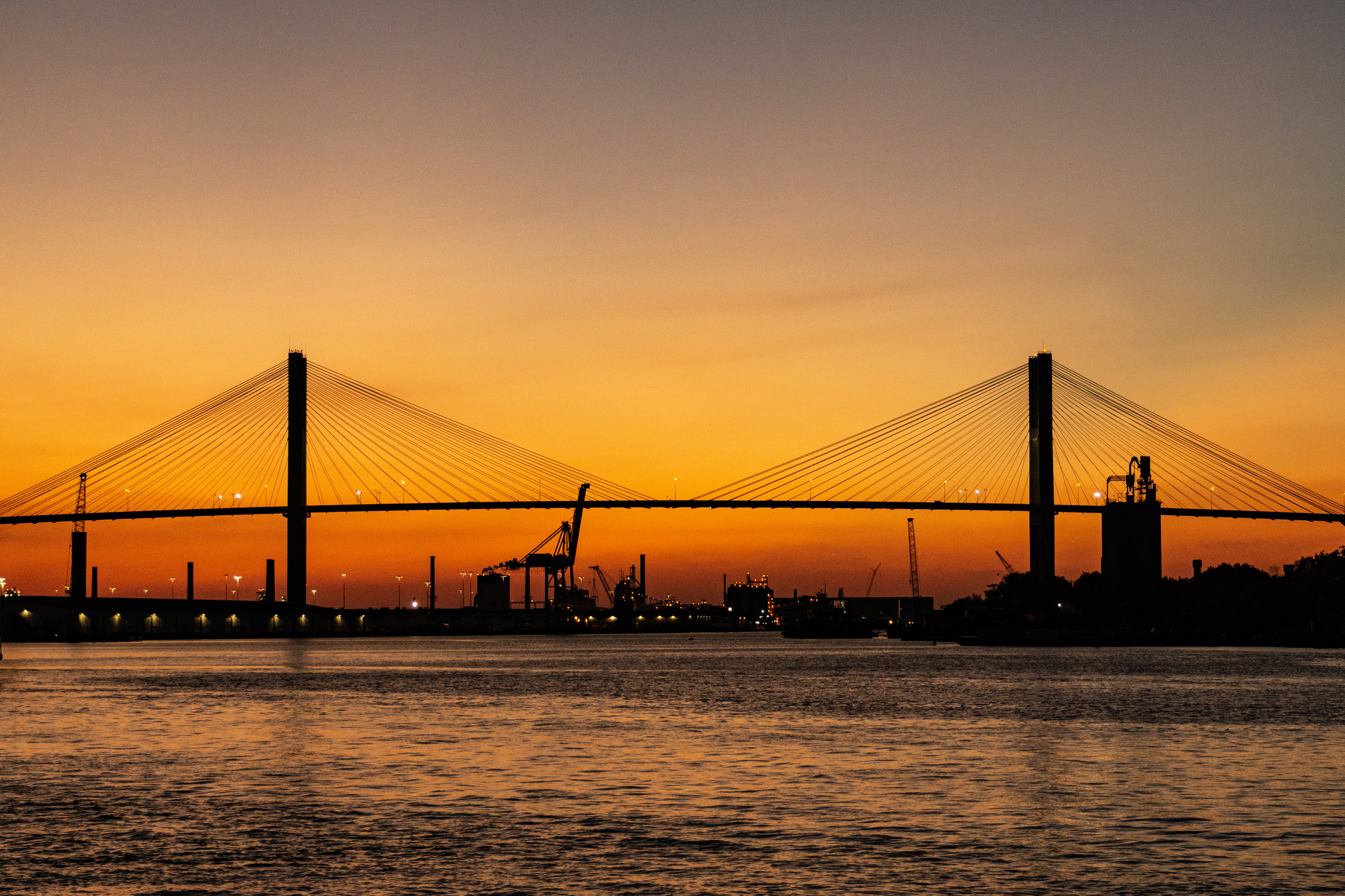 cities, sunset, horizon, bridge, port