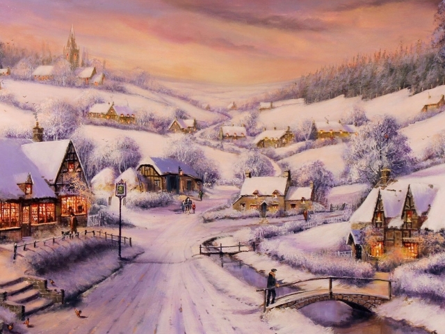 Descarga gratuita de fondo de pantalla para móvil de Invierno, Nieve, Pintura, Casa, Cuadro, Artístico, Aldea.