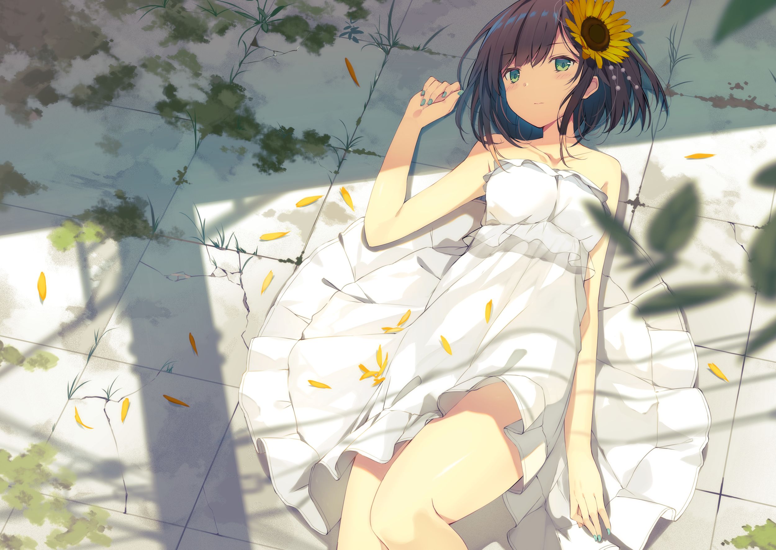 Download mobile wallpaper Anime, Sunflower, Green Eyes, Original, Black Hair, Short Hair for free.