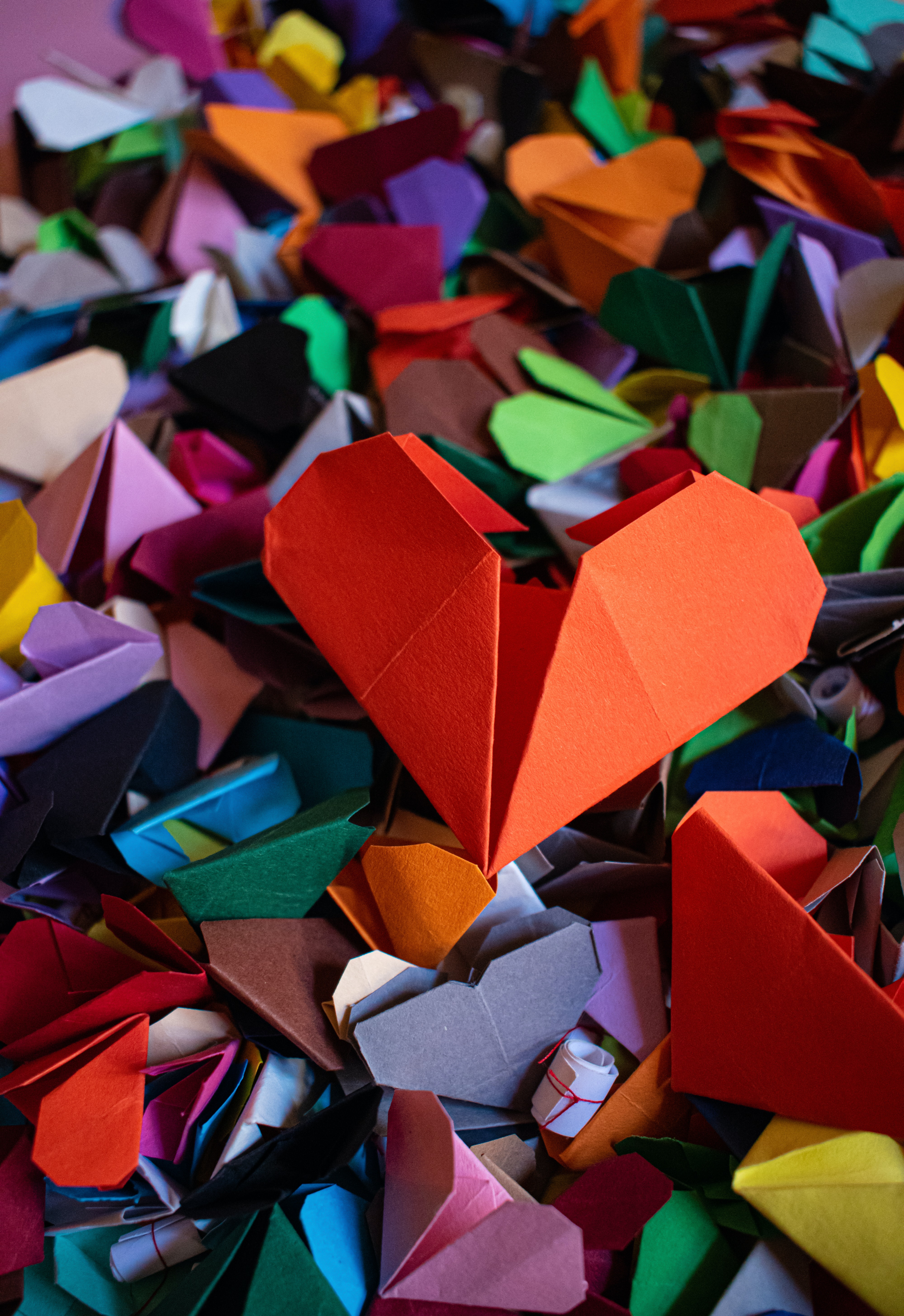 motley, paper, love, origami, hearts, multicolored