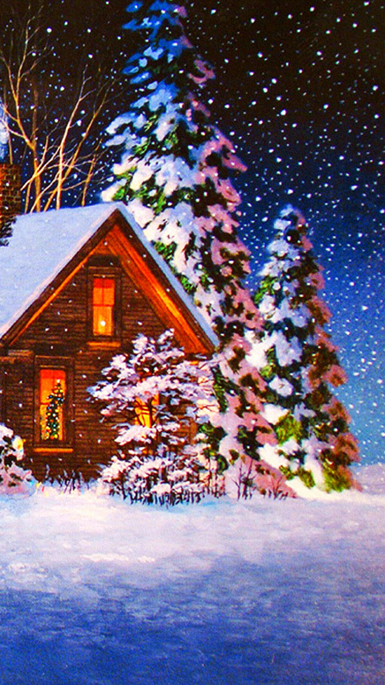 Download mobile wallpaper Winter, Snow, Christmas, Holiday, Snowfall, Cabin for free.