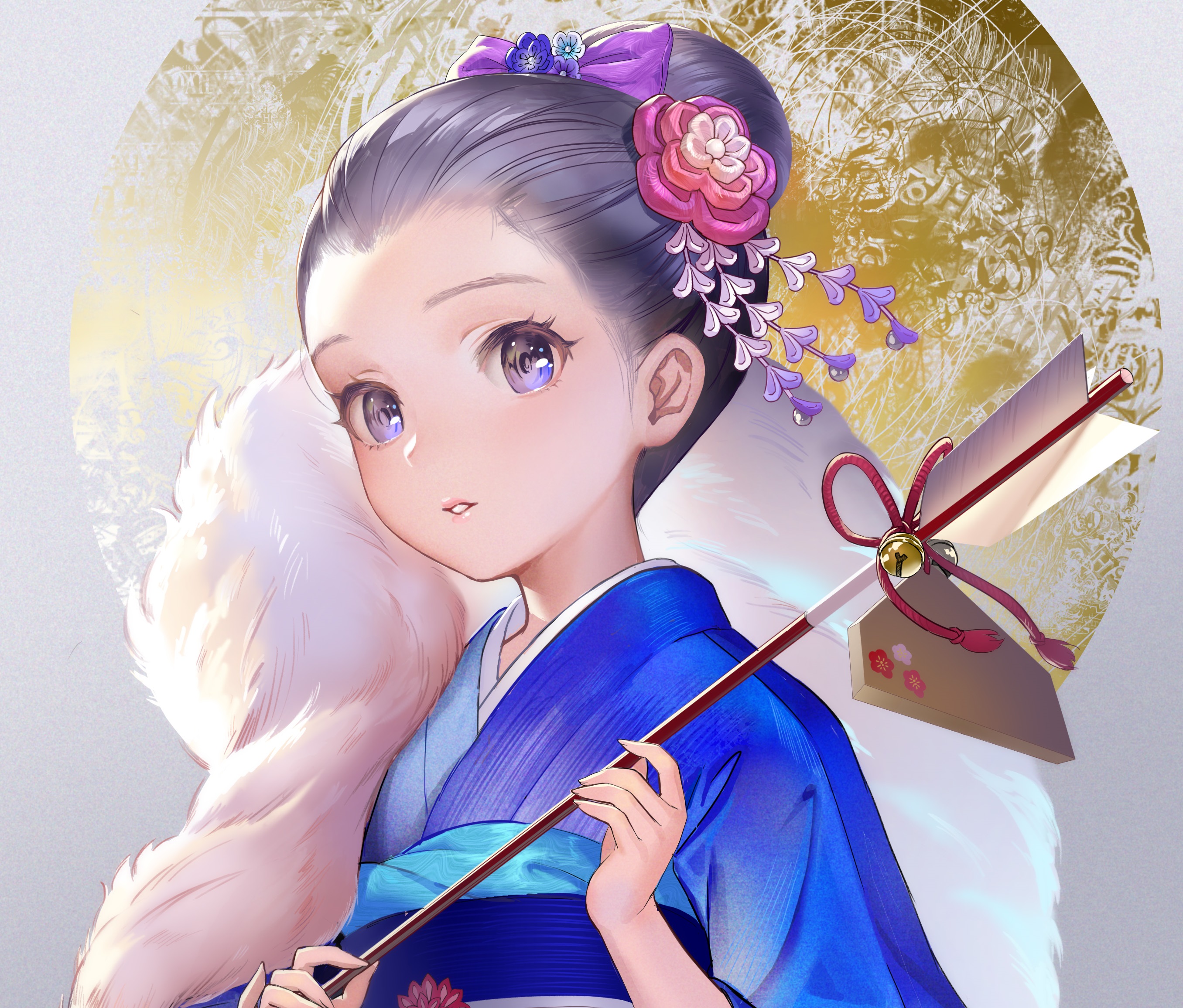 Download mobile wallpaper Anime, Arrow, Kimono, Headdress, Blue Eyes, Original, Black Hair, Long Hair for free.