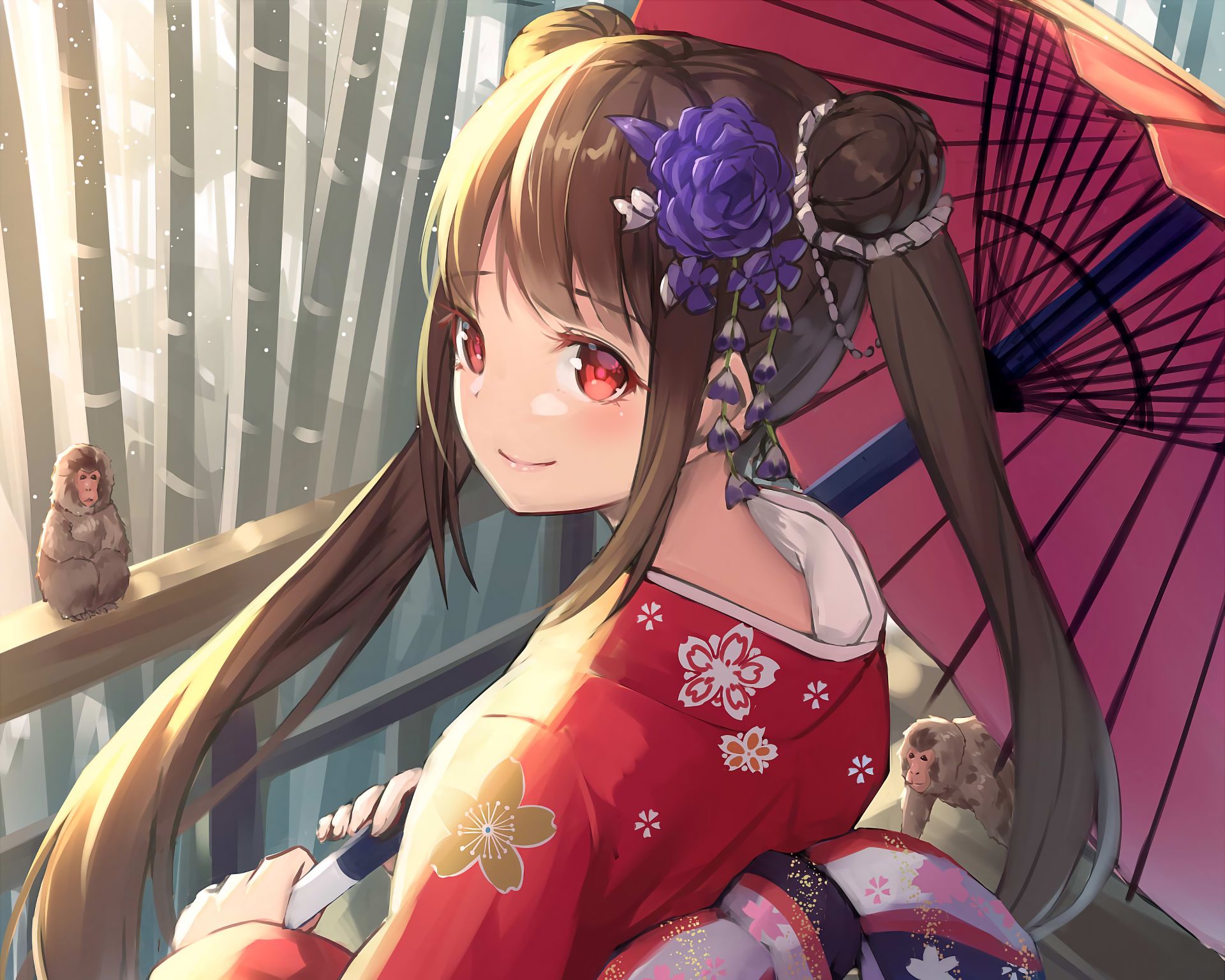 735635 télécharger le fond d'écran fille, kimono, parapluie, animé, cheveux bruns, fleur, vêtements japonais, cheveux longs, singe, les yeux rouges - économiseurs d'écran et images gratuitement