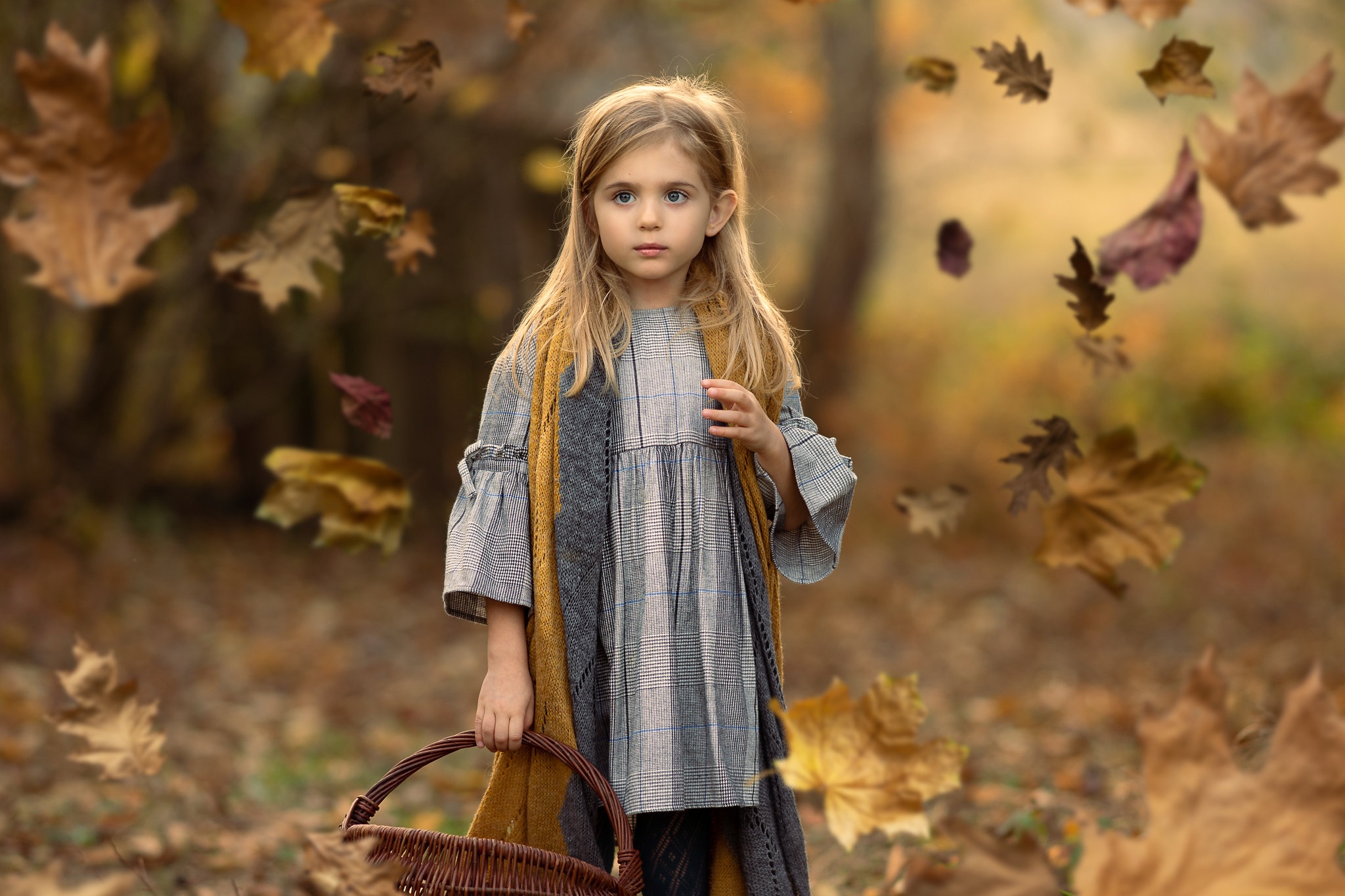 Download mobile wallpaper Leaf, Fall, Basket, Mood, Child, Photography for free.