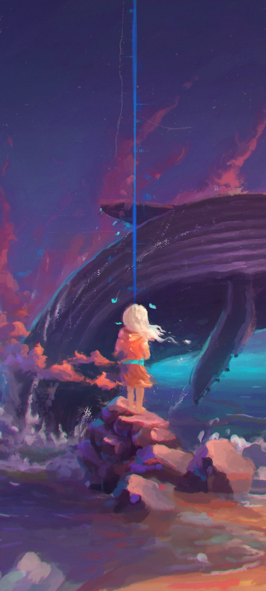 Download mobile wallpaper Fantasy, Sky, Ocean, Child, Whale, Little Girl for free.