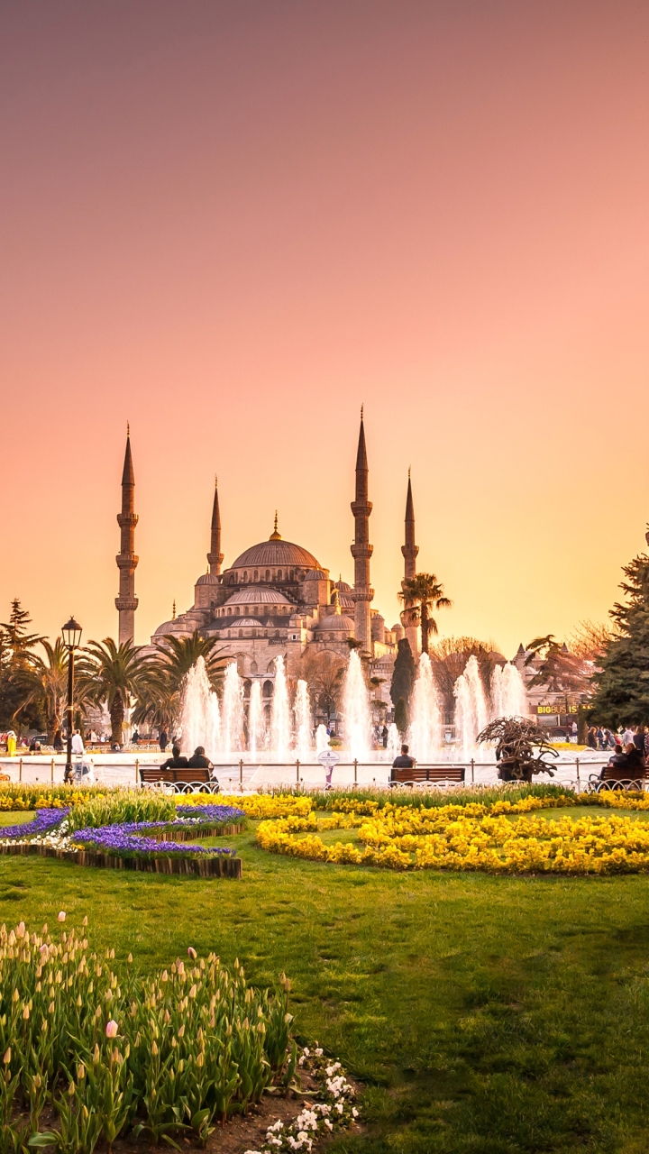 無料モバイル壁紙噴水, 公園, 七面鳥, モスク, イスタンブール, 宗教的, スルタン アフメト モスク, ブルーモスクをダウンロードします。