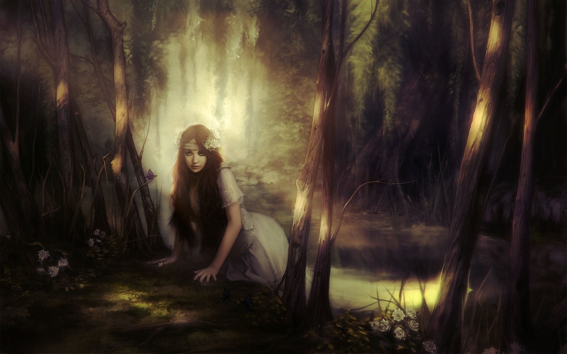 Free download wallpaper Fantasy, Flower, Dark, Forest, Women on your PC desktop