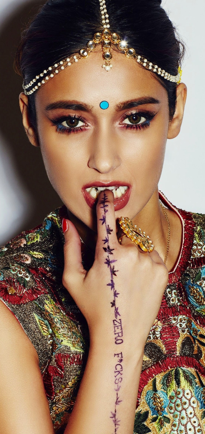 celebrity, ileana d'cruz, model, actress, tattoo, lipstick, black hair, indian, bindi
