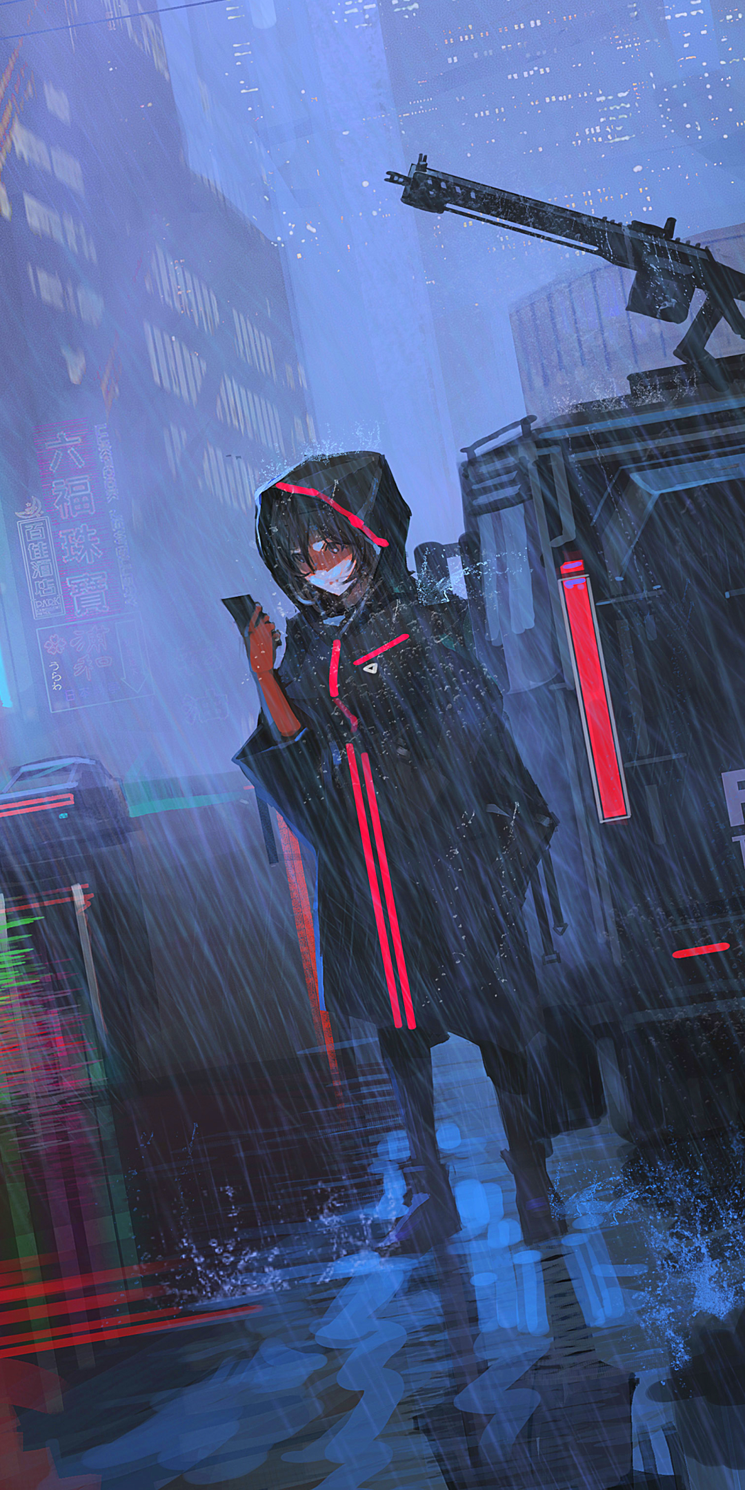 Download mobile wallpaper Anime, Rain, City, Coat, Original, Gun, Black Hair, Short Hair for free.