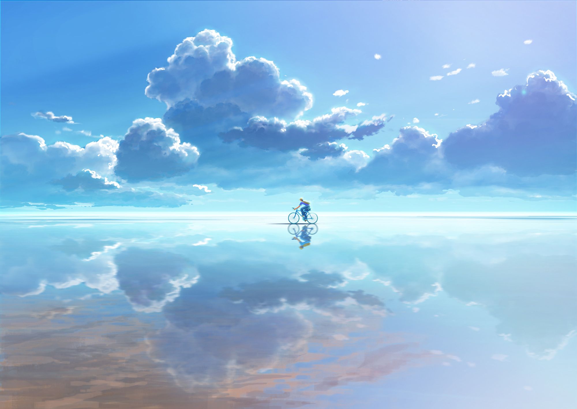Download mobile wallpaper Anime, Sky, Reflection, Bike for free.