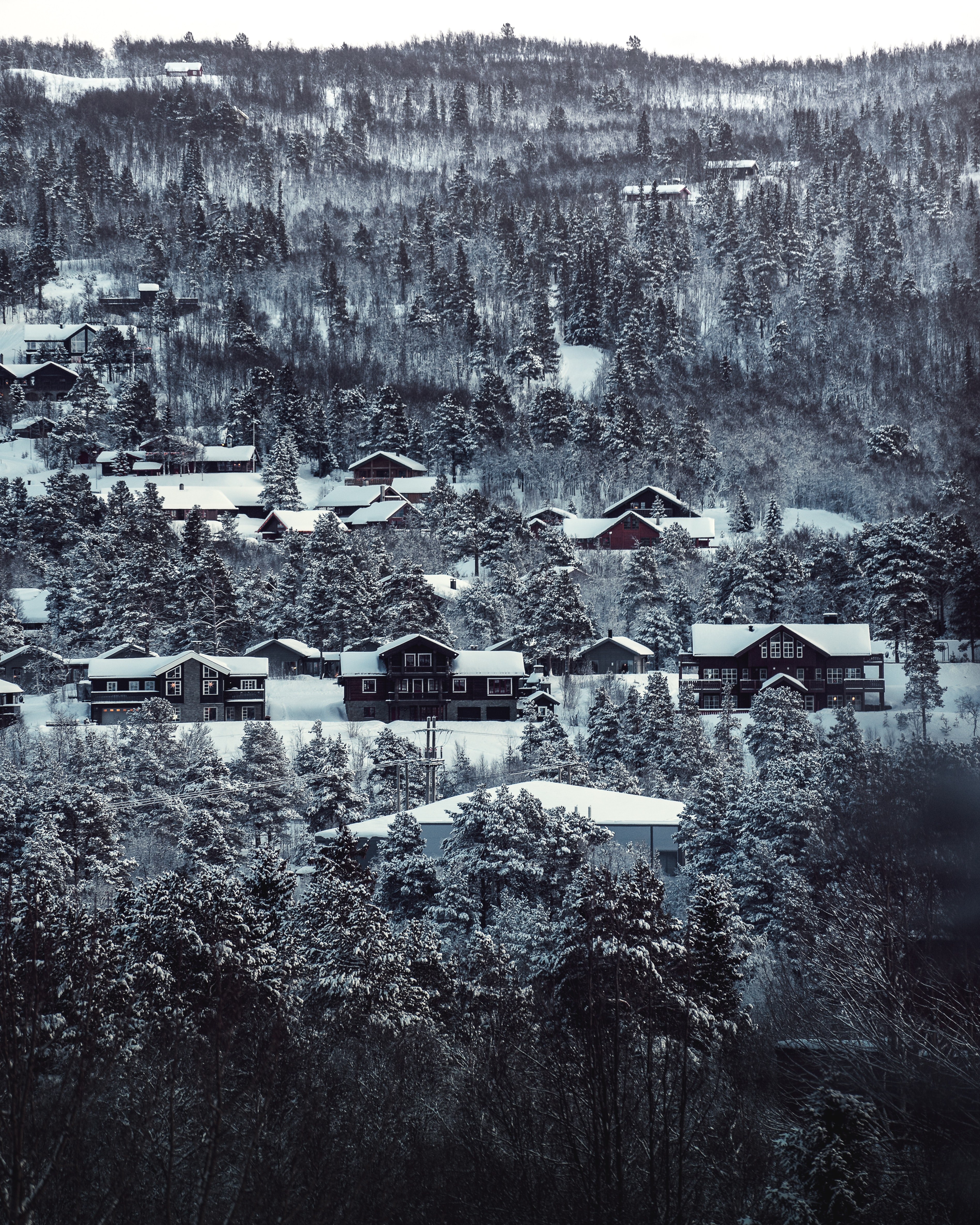 Download mobile wallpaper Snowbound, Winter, Snow Covered, Trees, Landscape, Nature, Houses for free.