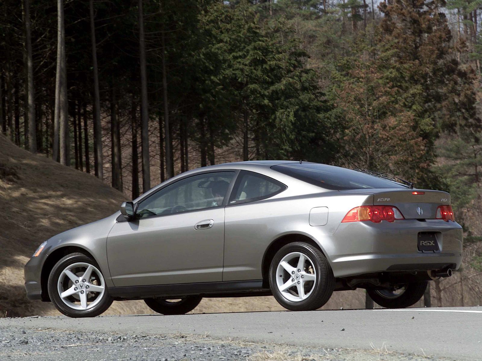 auto, trees, acura, cars, asphalt, side view, style, rsx, akura, metallic gray, grey metallic, 2002