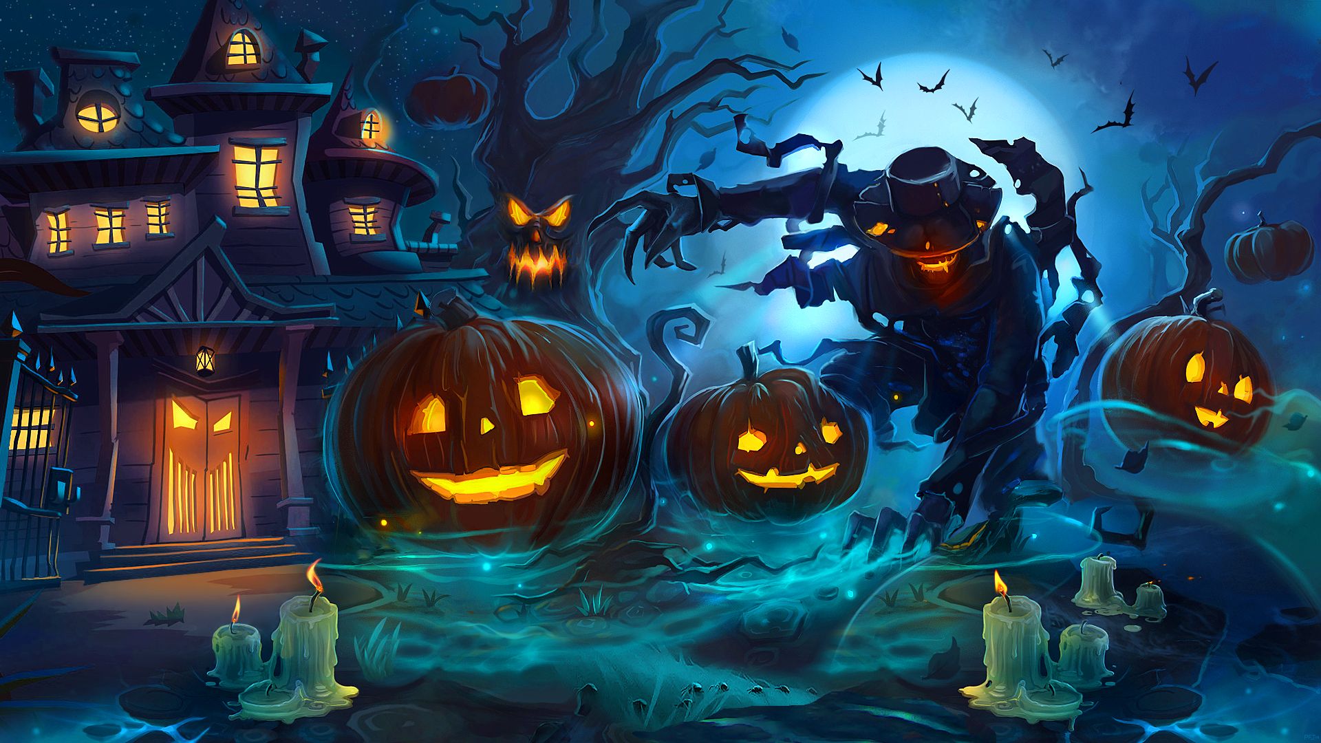 Download mobile wallpaper Halloween, Night, Moon, Pumpkin, Dark, Holiday, Scary, Haunted for free.