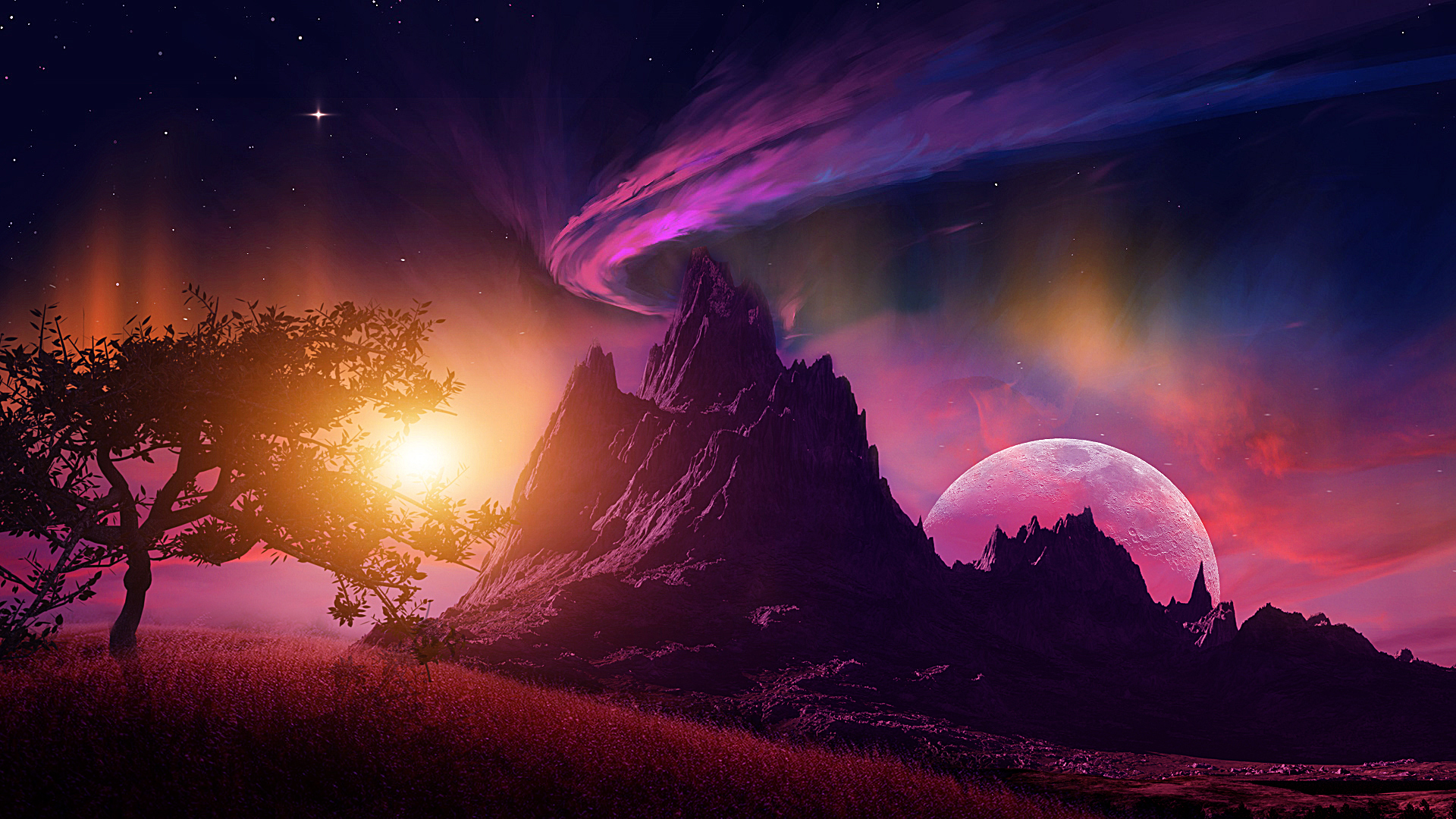 Download mobile wallpaper Landscape, Sky, Moon, Mountain, Sci Fi for free.