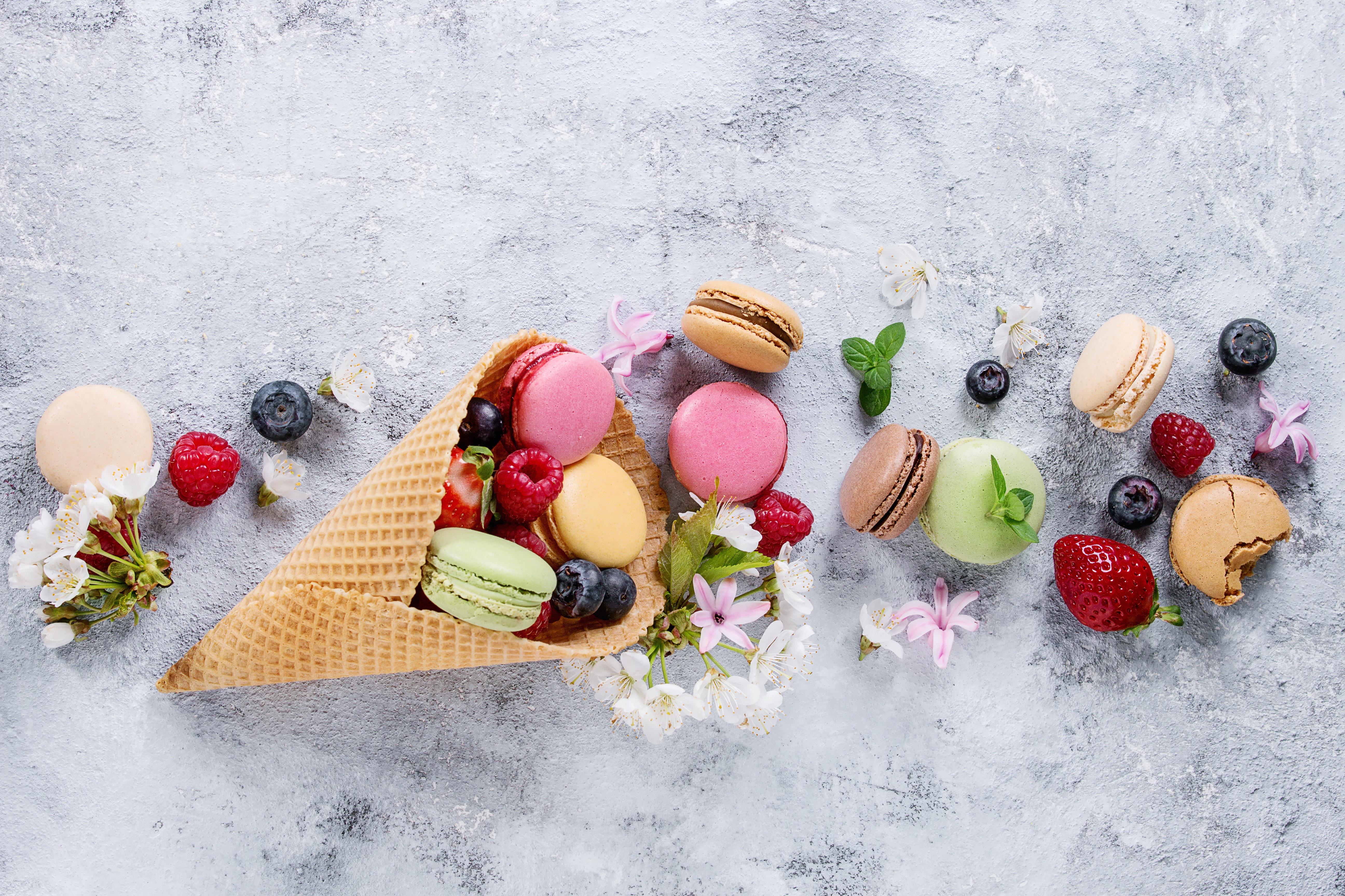 Download mobile wallpaper Food, Still Life, Berry, Fruit, Macaron, Waffle Cone for free.