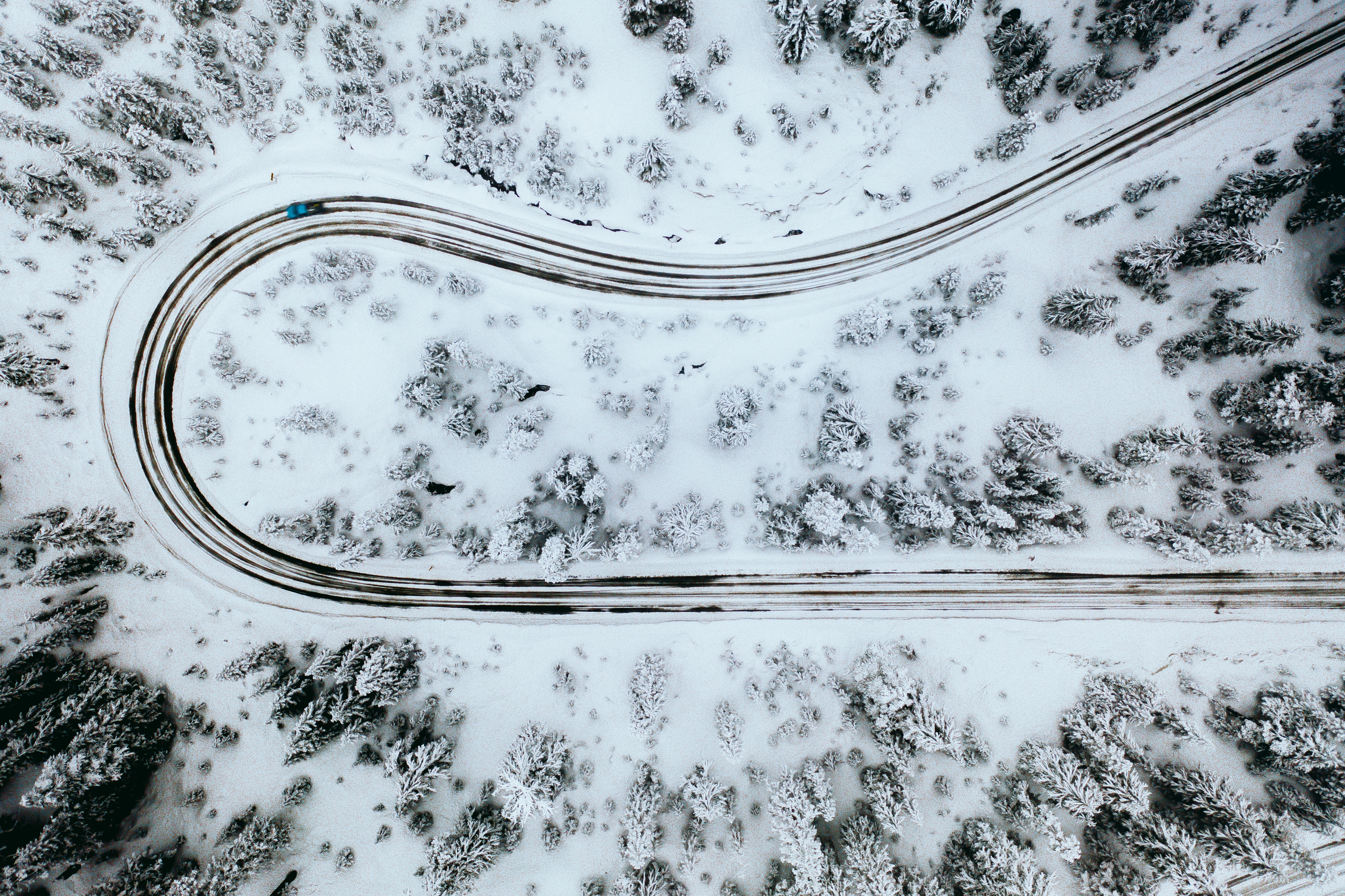 Download mobile wallpaper Winter, Snow, Road, Turn, View From Above, Nature for free.