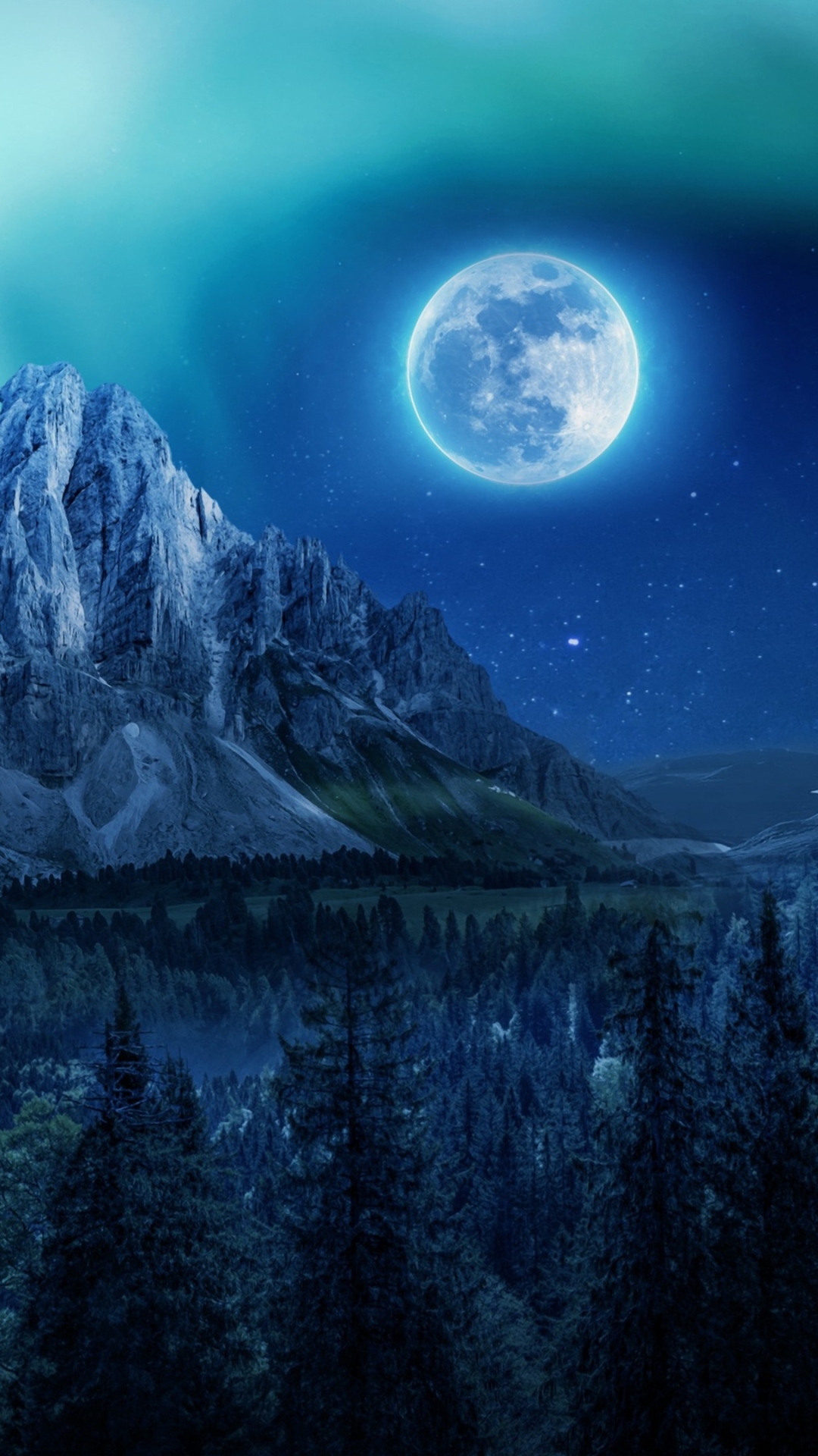 Download mobile wallpaper Mountains, Night, Mountain, Earth, Aurora Borealis, Full Moon for free.