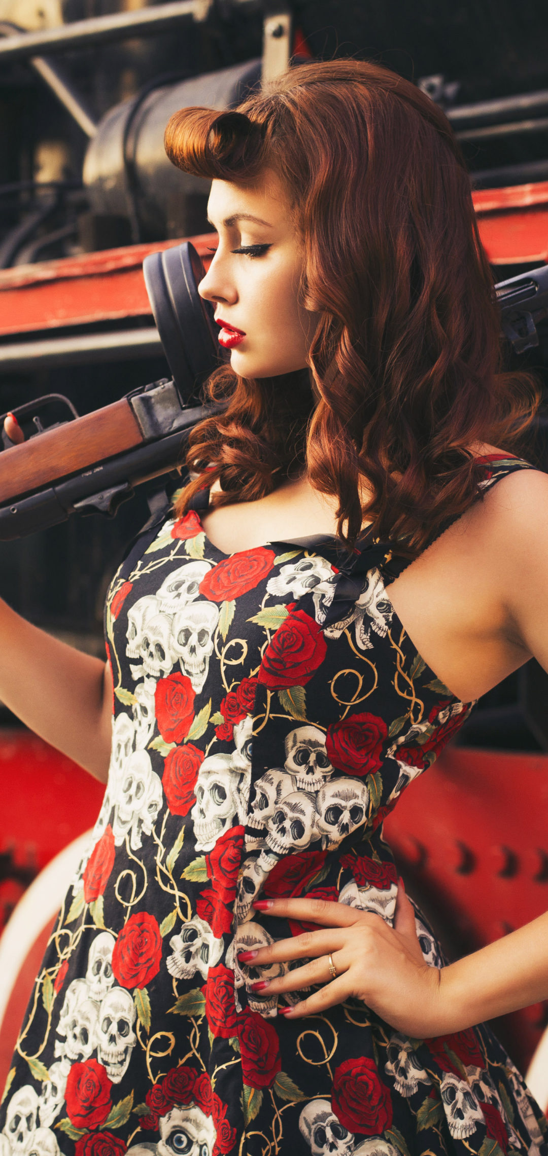 Download mobile wallpaper Redhead, Dress, Model, Women, Girls & Guns for free.