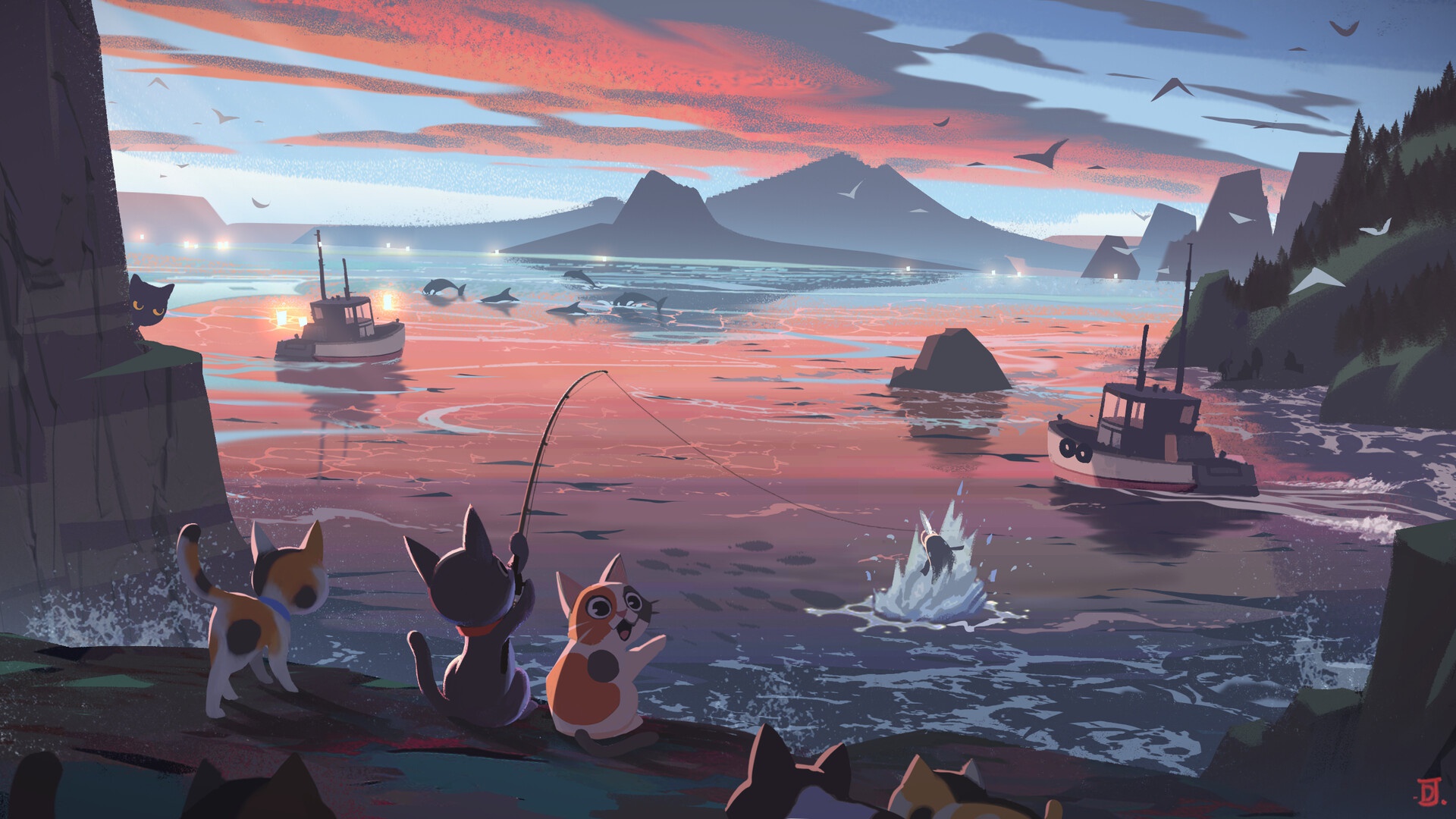 Download mobile wallpaper Fantasy, Cat, Fishing, Fantasy Animals for free.