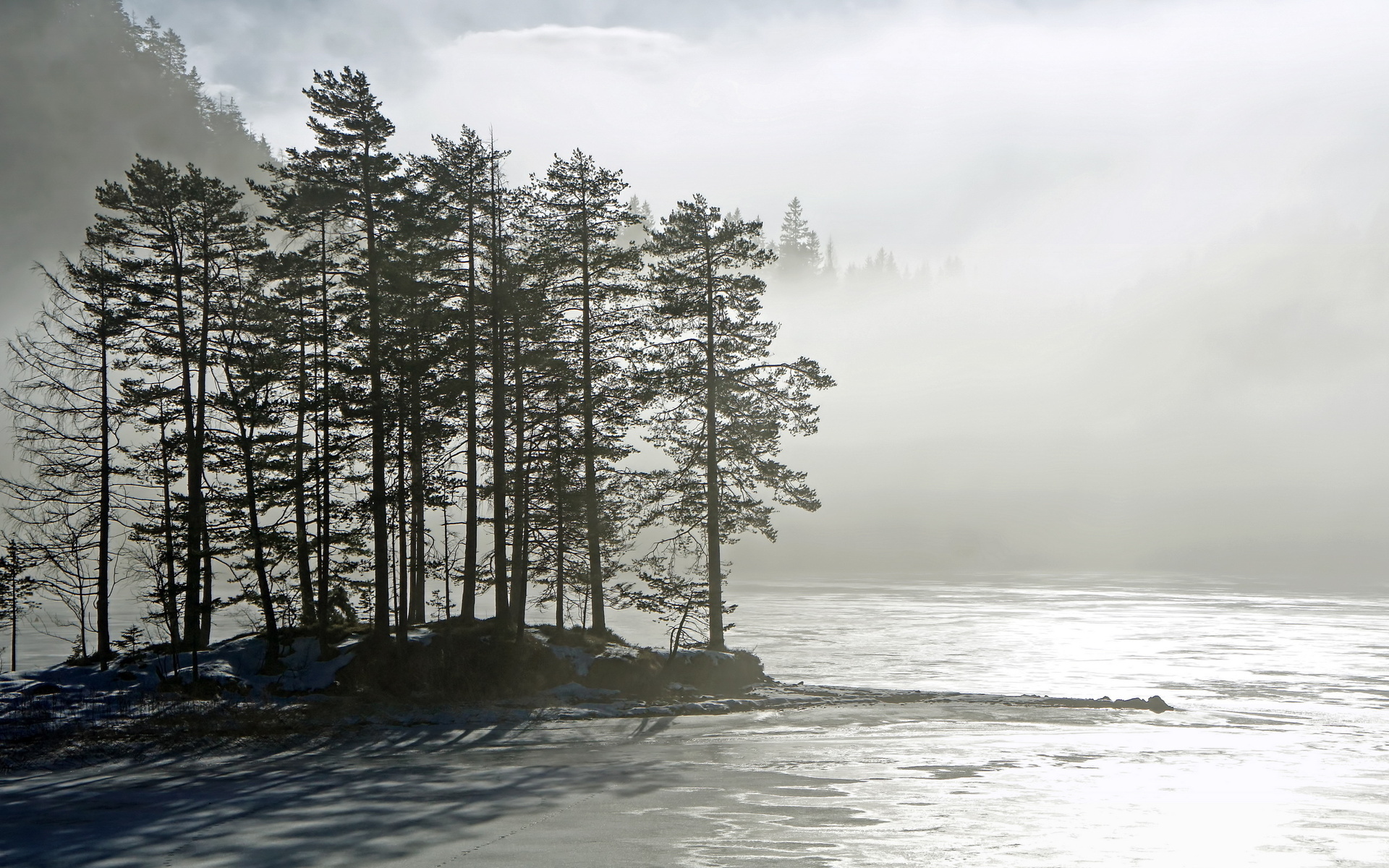 Download mobile wallpaper Island, Ice, Winter, Fog, Earth, Landscape for free.