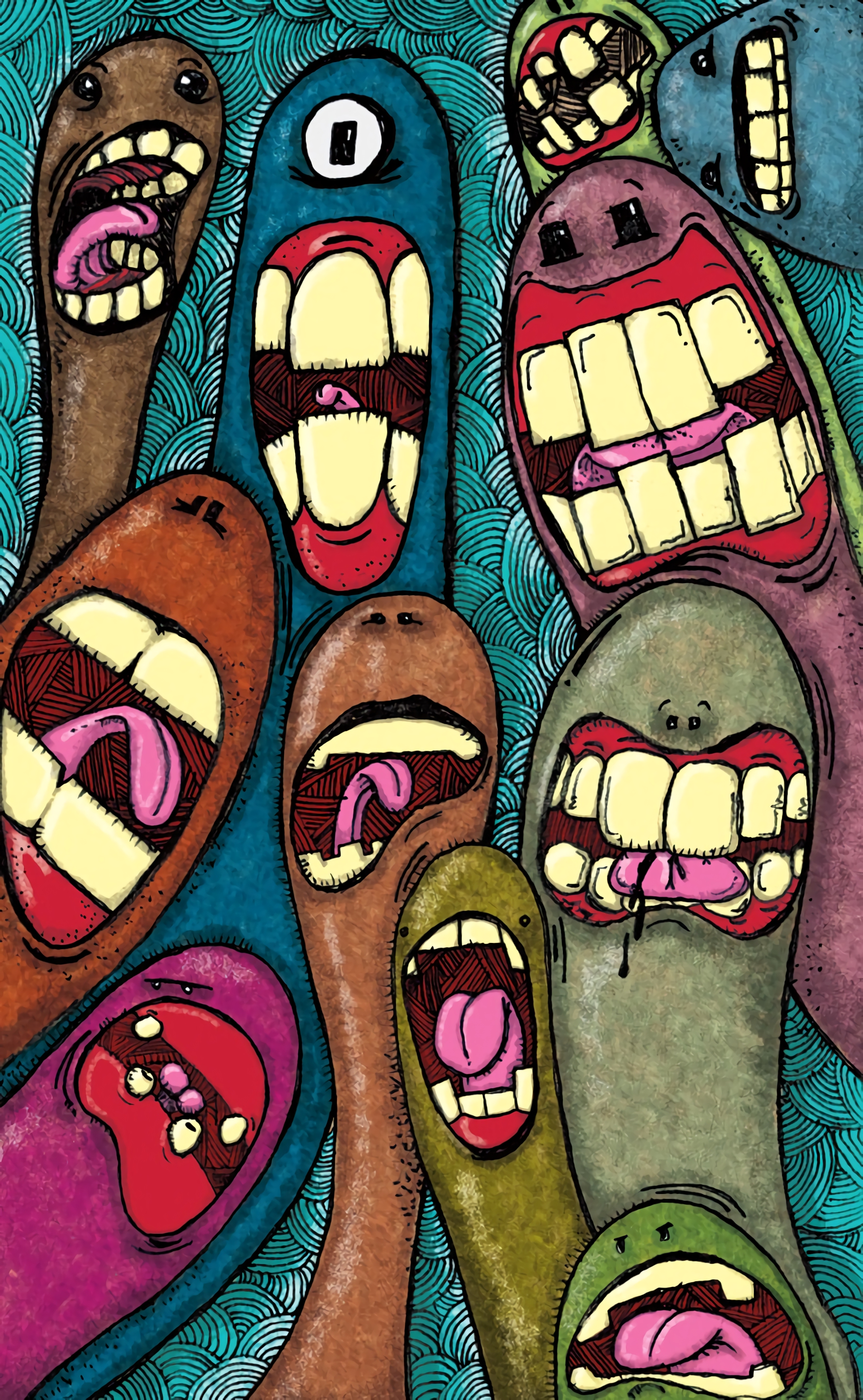 multicolored, art, teeth, monsters, motley