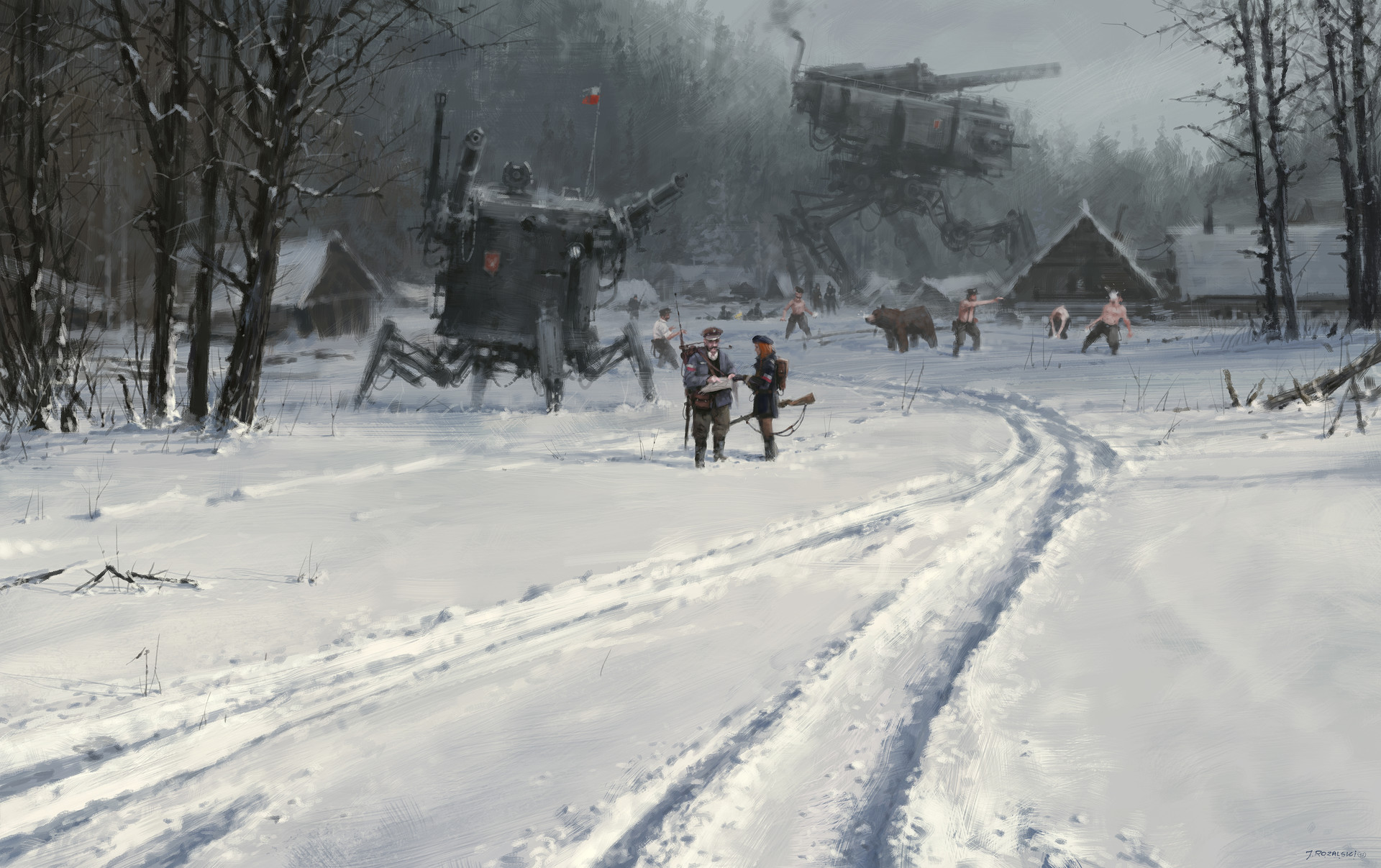 Download mobile wallpaper Snow, Bear, Machine, Game, Scythe, Futuristic for free.