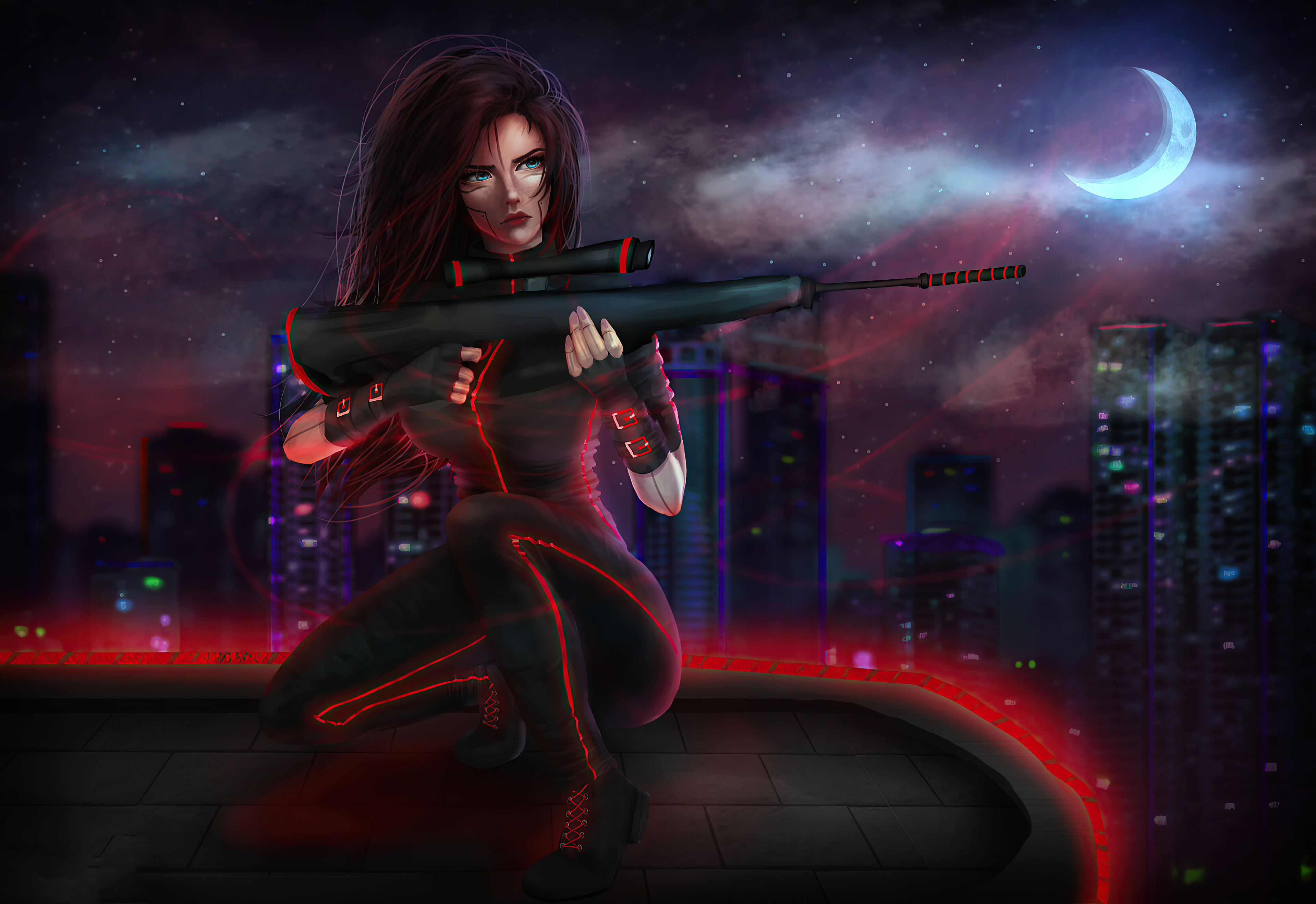 Download mobile wallpaper Night, Weapon, Cyberpunk, Sci Fi, Futuristic, Woman Warrior for free.