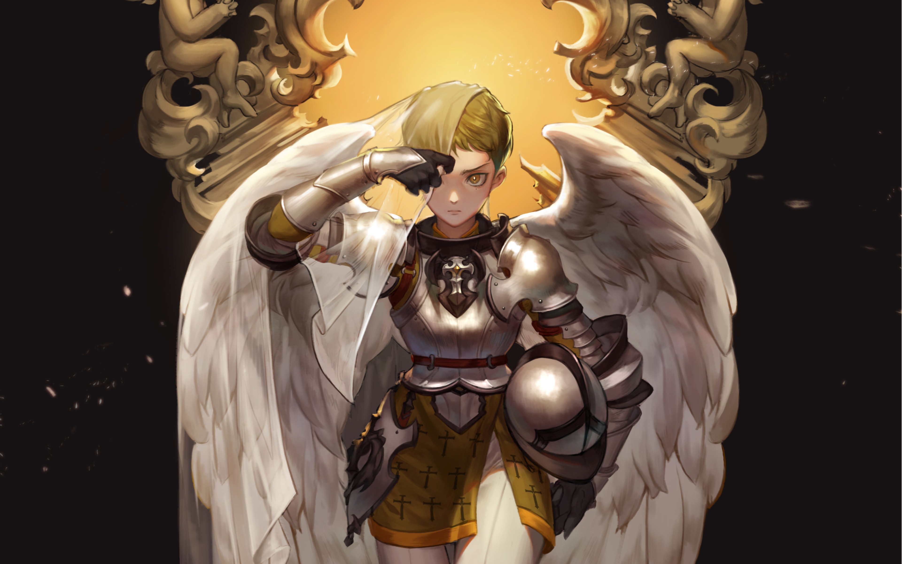 fantasy, knight, angel, armor, joan of arc, short hair, woman warrior