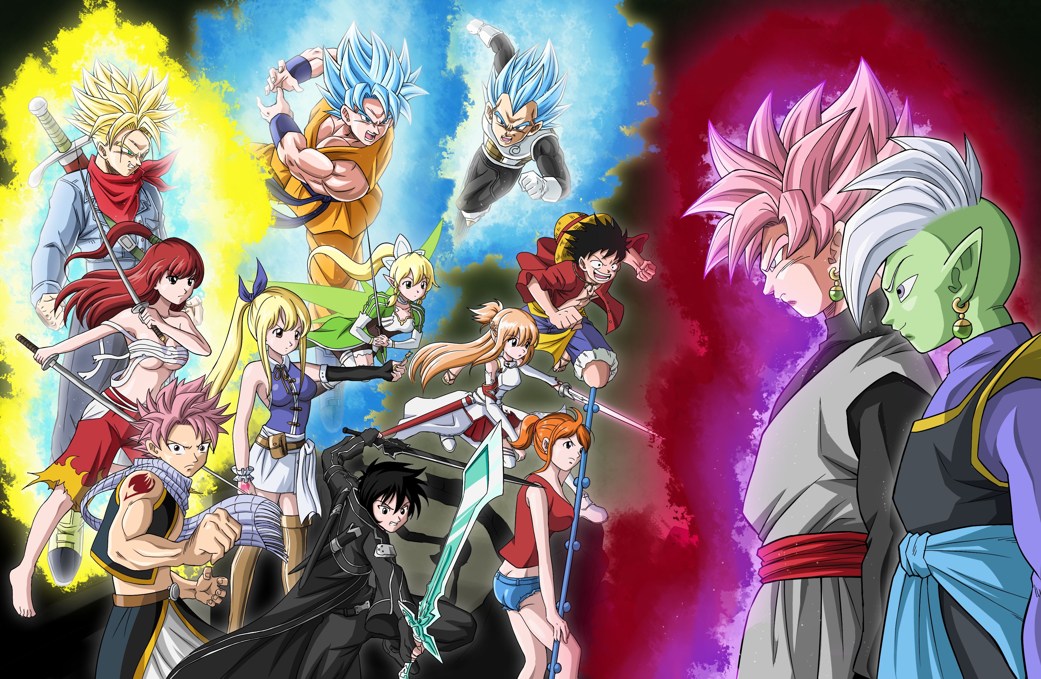 Laden Sie das Crossover, Animes, Son Goku, Badehose (Dragon Ball), Vegeta (Dragon Ball), Affe D Luffy, Nami (Einteiler), Natsu Dragneel, Kazuto Kirigaya-Bild kostenlos auf Ihren PC-Desktop herunter