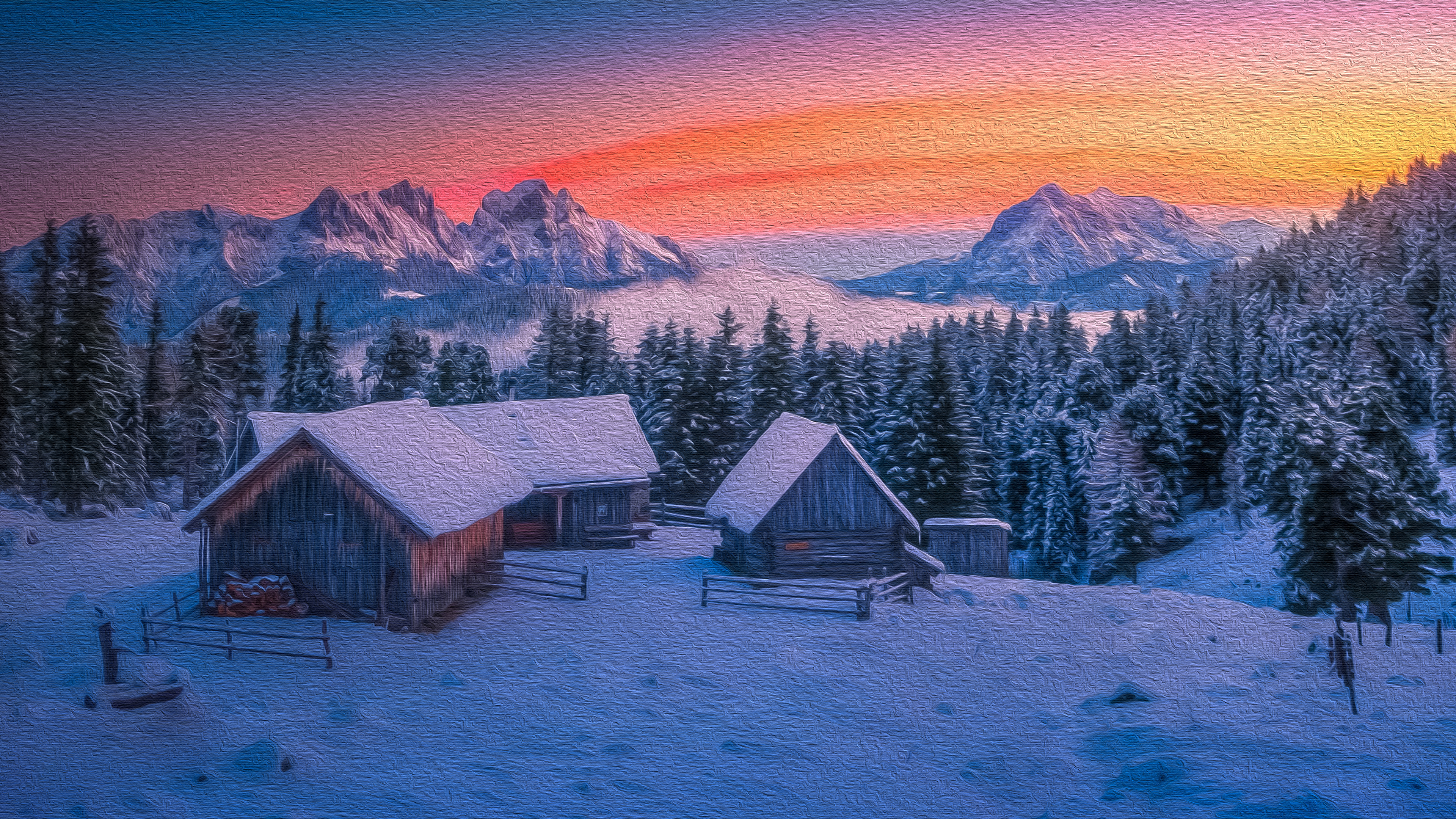 Download mobile wallpaper Winter, Snow, Artistic, Cabin, Oil Painting for free.