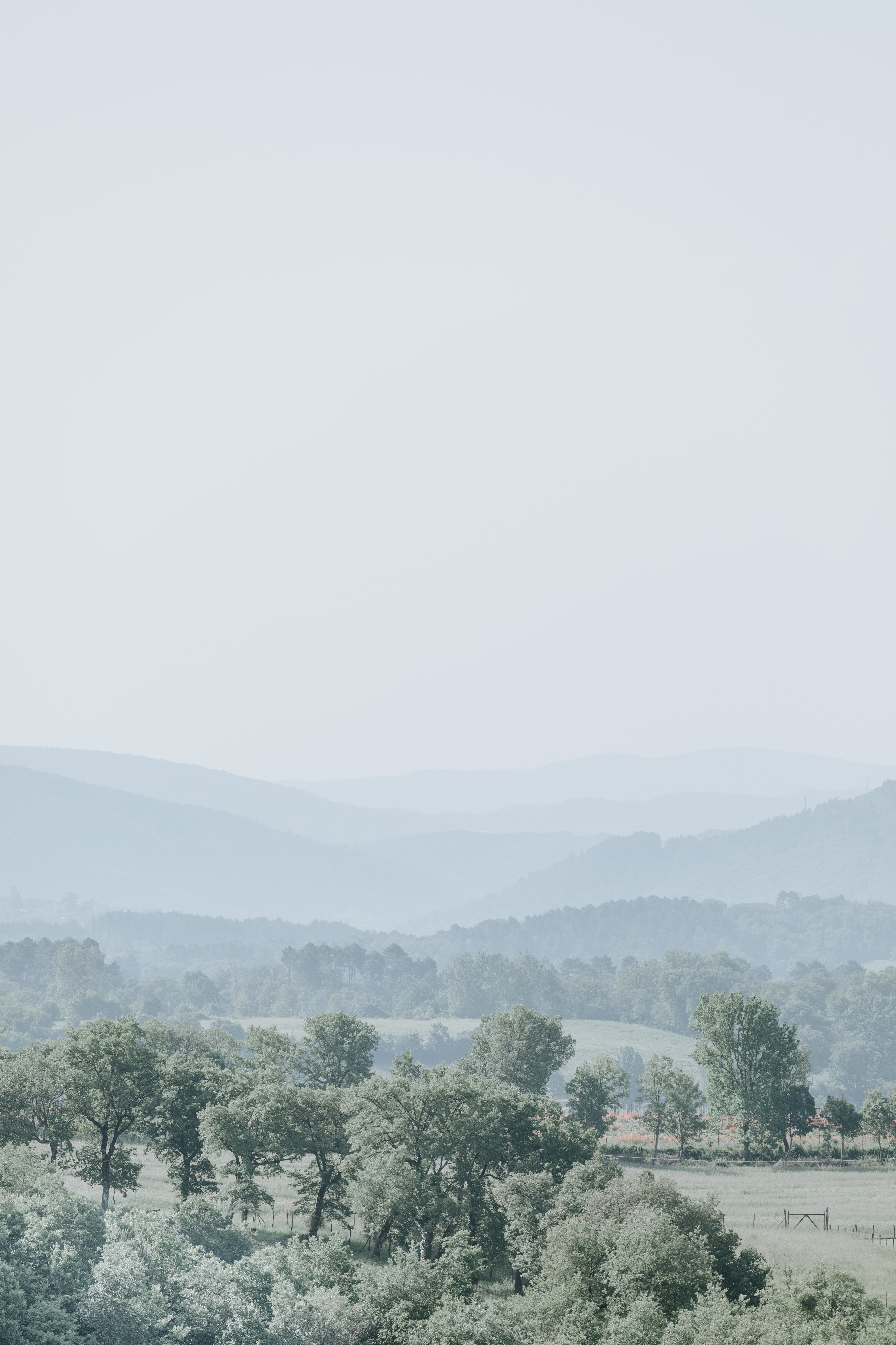 Download mobile wallpaper Fog, Horizon, Trees, Nature, Hills, Landscape for free.