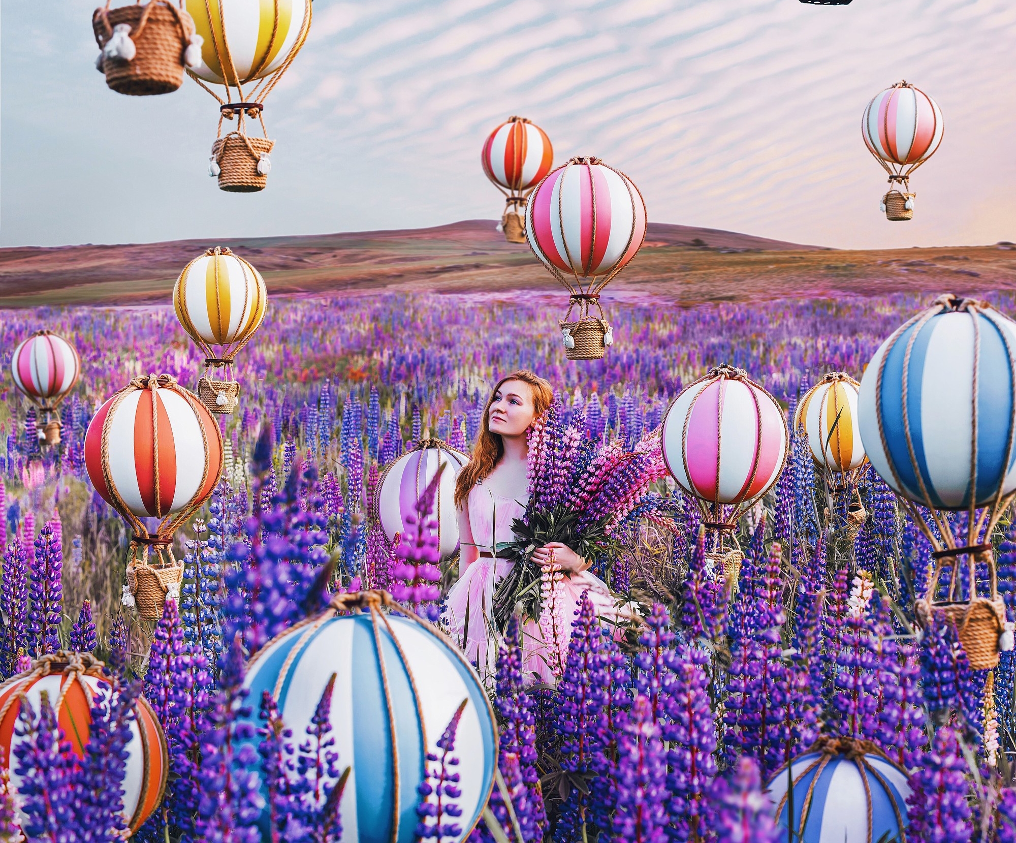 Download mobile wallpaper Flower, Balloon, Redhead, Model, Women, Lupine, Hot Air Balloon for free.