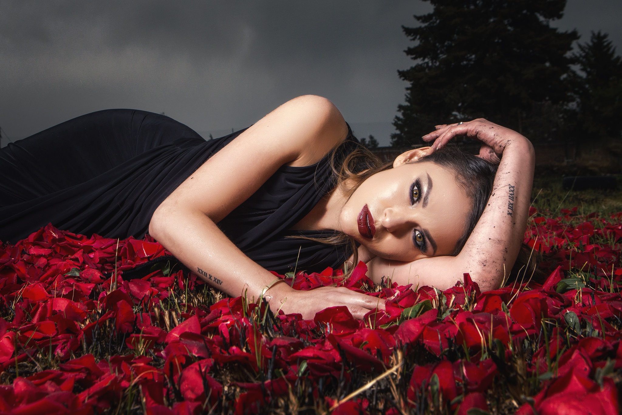 Download mobile wallpaper Model, Women, Red Flower, Black Dress, Lipstick for free.