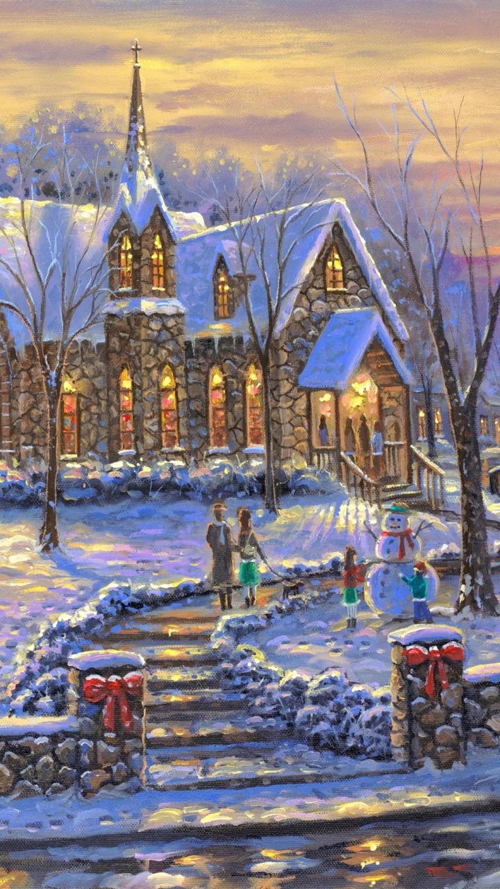 Скачать картинку Зима, Снег, Рождество, Церковь, Картина, Художественные в телефон бесплатно.