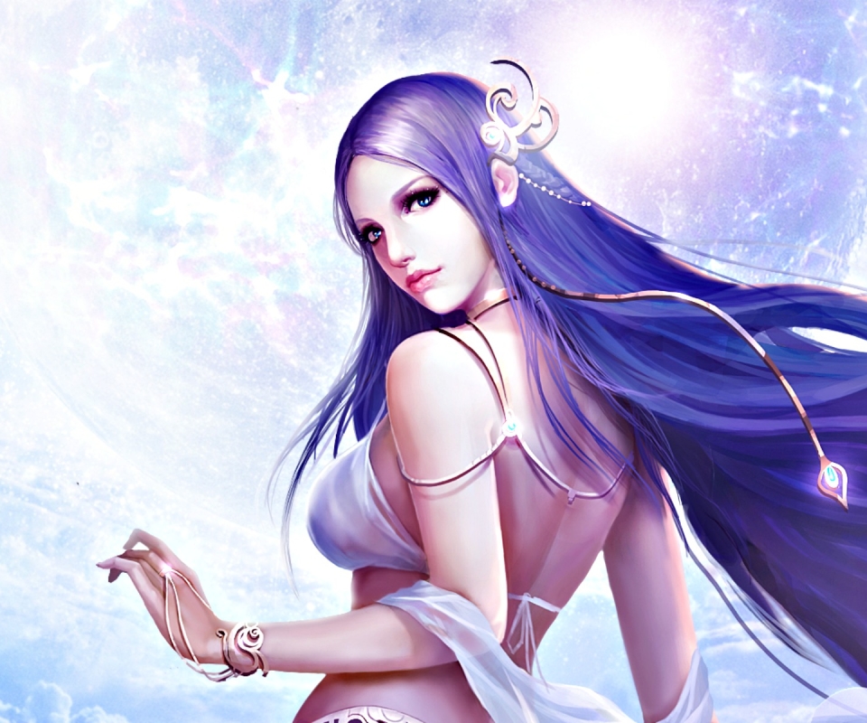 Free download wallpaper Fantasy, Blue Eyes, Video Game, Long Hair, Purple Hair, League Of Angels on your PC desktop