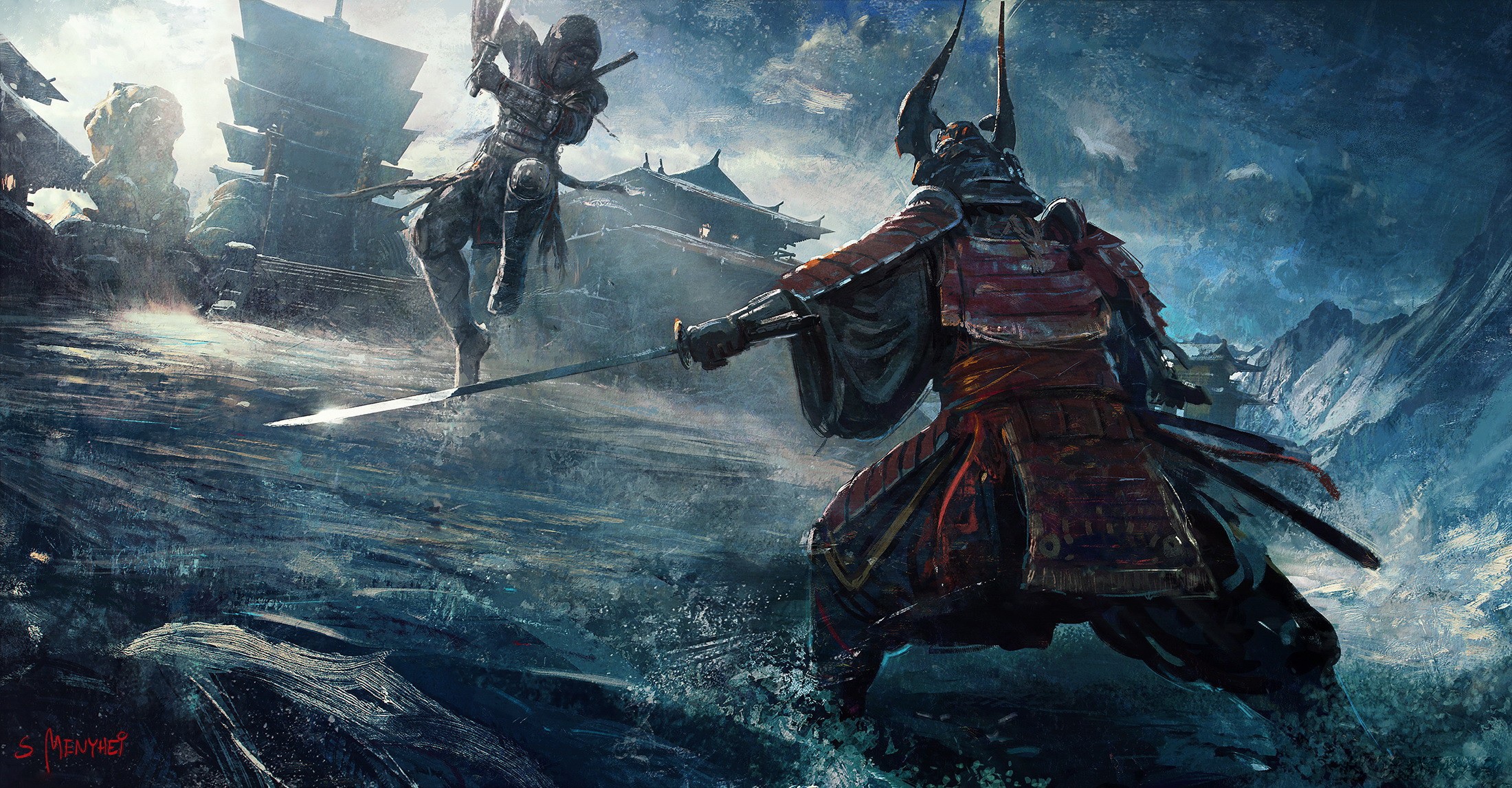 Download mobile wallpaper Fantasy, Warrior, Samurai, Battle, Armor, Katana for free.