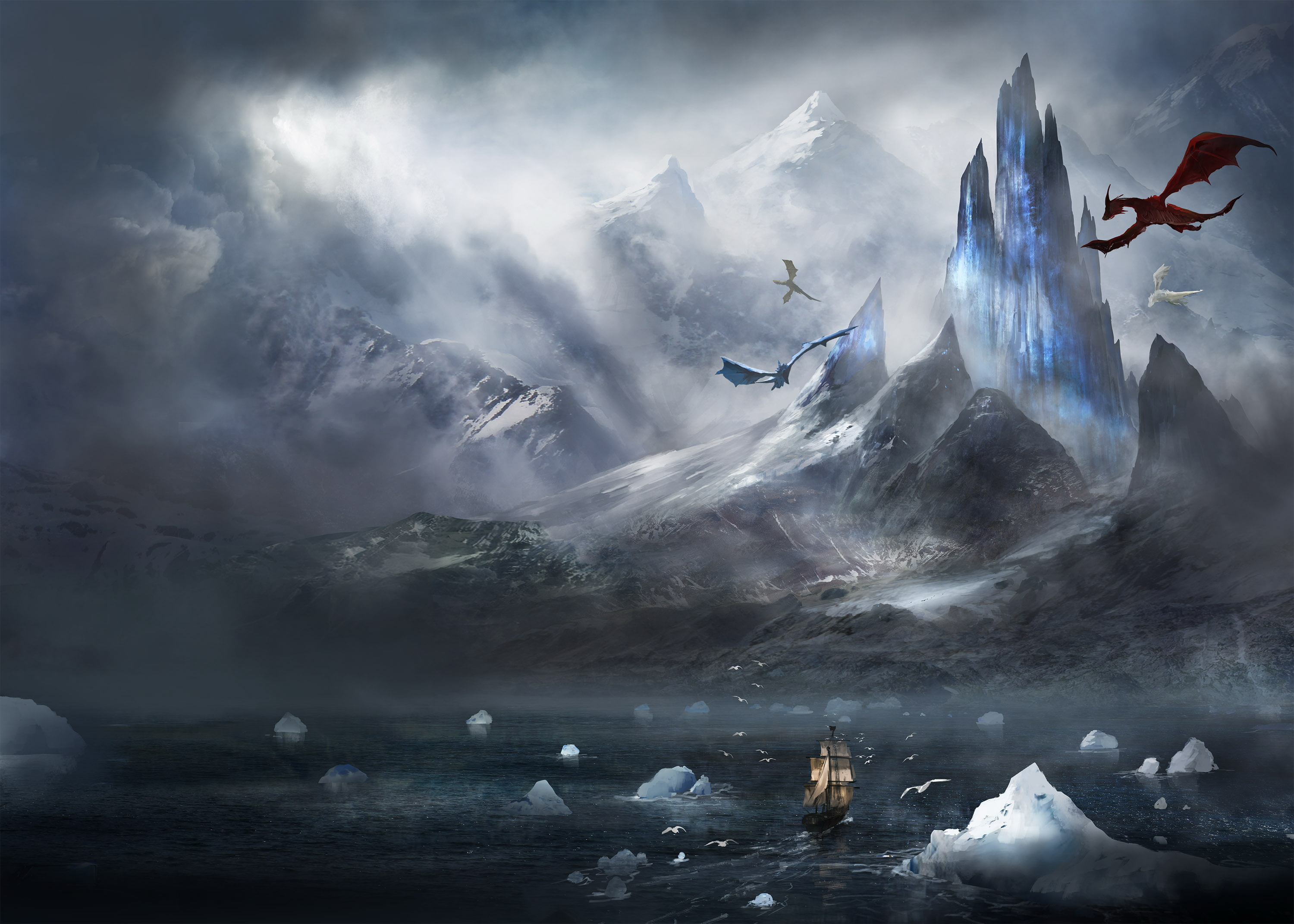 Download mobile wallpaper Landscape, Fantasy, Mountain, Dragon, Ship, Iceberg, Sunbeam for free.