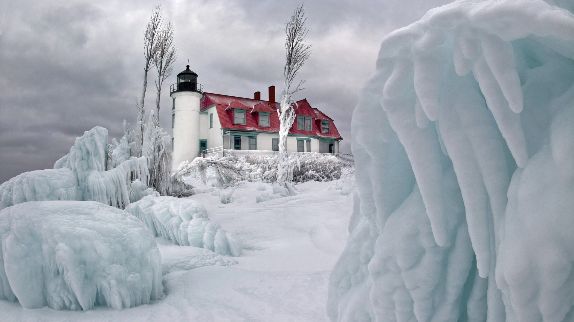 Download mobile wallpaper Winter, Ice, Snow, Building, Tree, Lighthouse, Man Made for free.